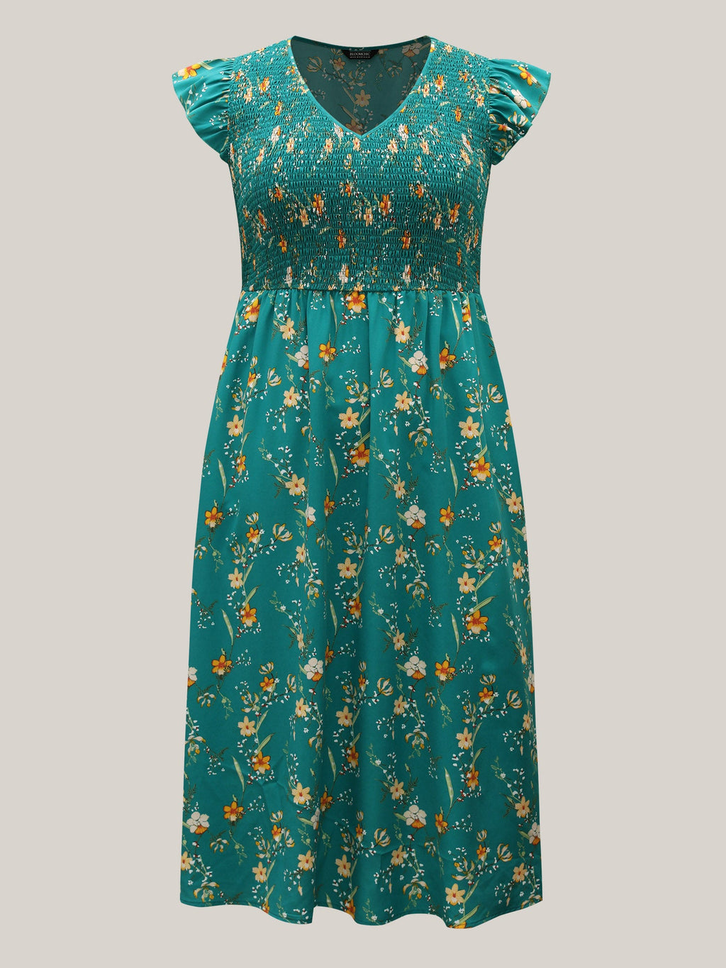 Shirred Printed Flutter Sleeve Pockets Maxi Dress