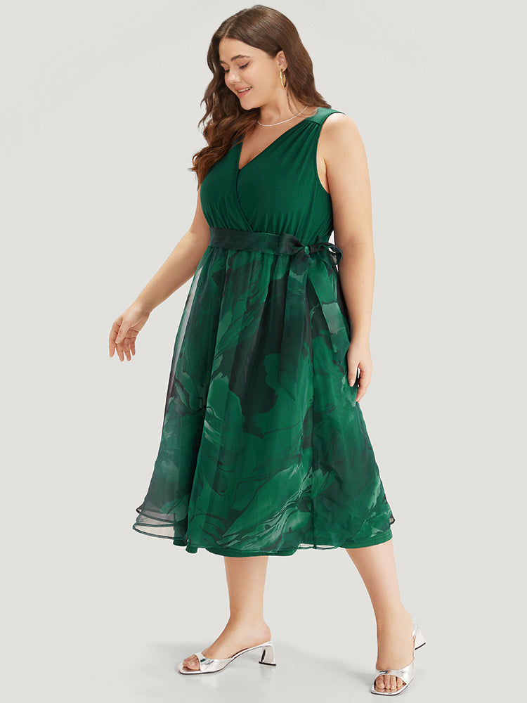 Floral Print Belted Patchwork Pocket Tank Dress