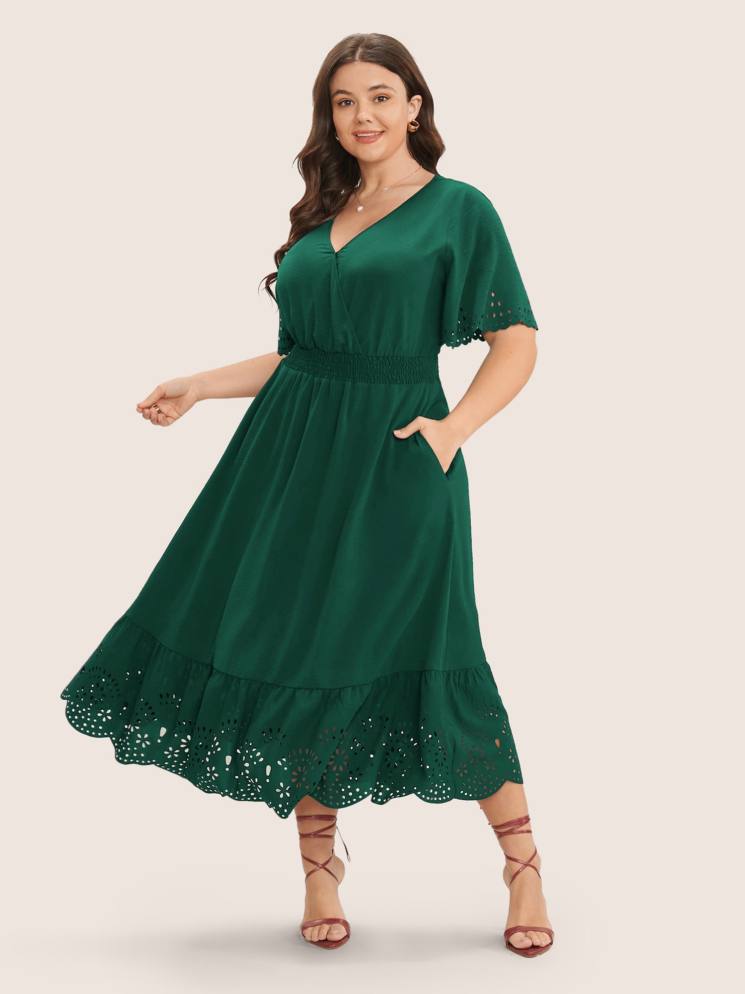Solid Laser Cut Shirred Pocket Wrap Scalloped Trim Flutter Dress