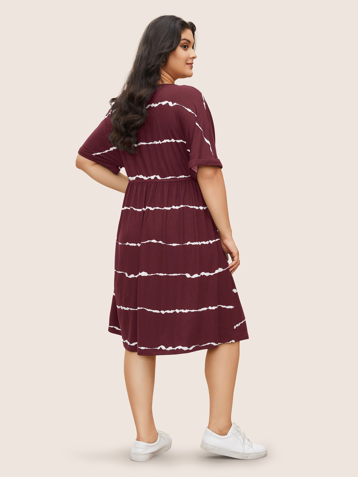 Tie Dye Roll Dolman Sleeve Pocket Gathered Knot Striped Dress