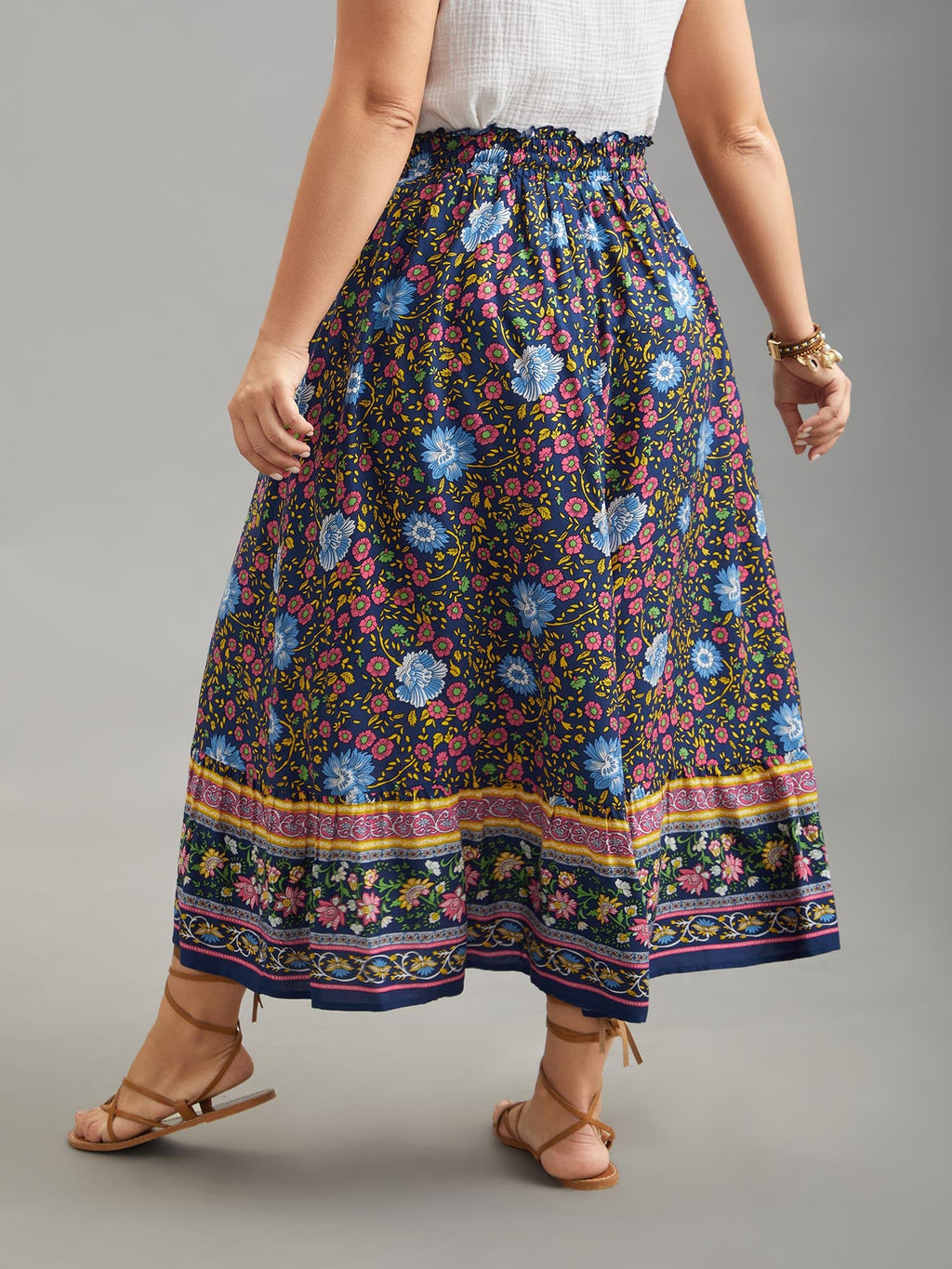 Boho Print Stretchy Waist Flared Maxi Skirt