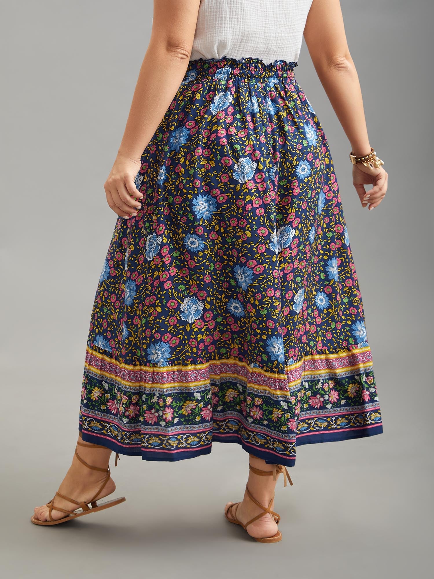 Boho Print Stretchy Waist Flared Maxi Skirt