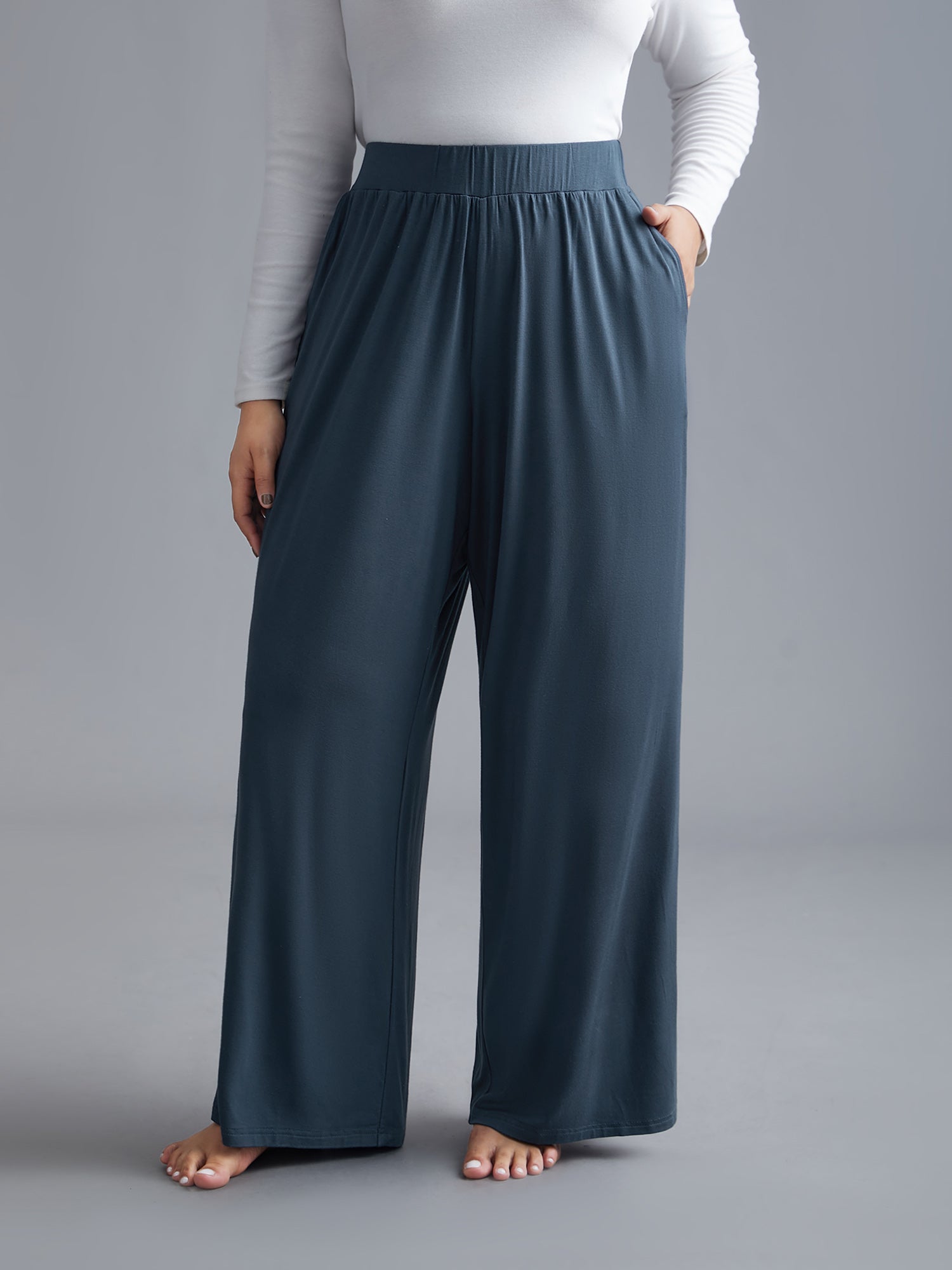 Solid Elastic Waist Wide Leg Lounge Bottoms