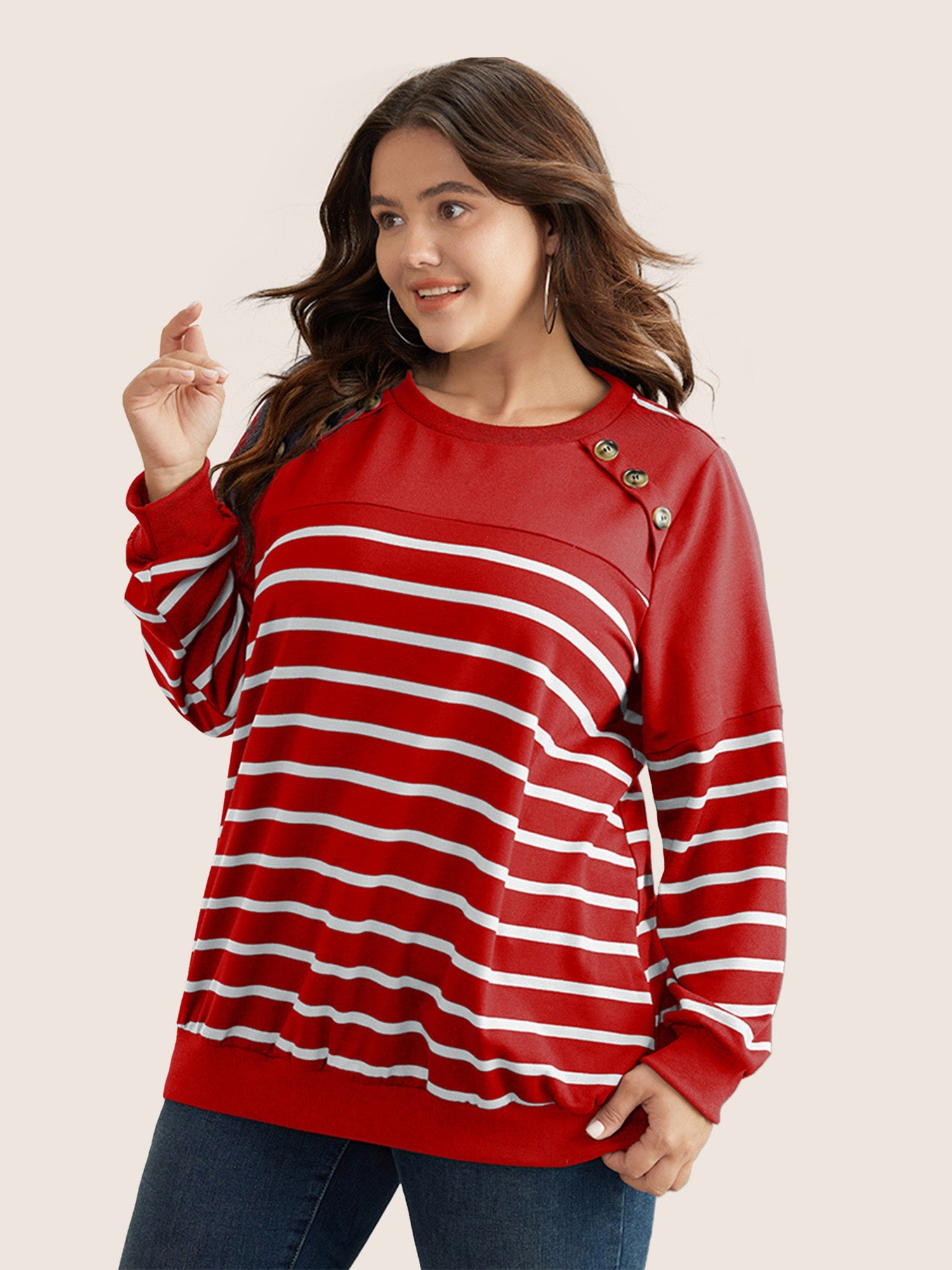 Striped Patchwork Button Detail Sweatshirt