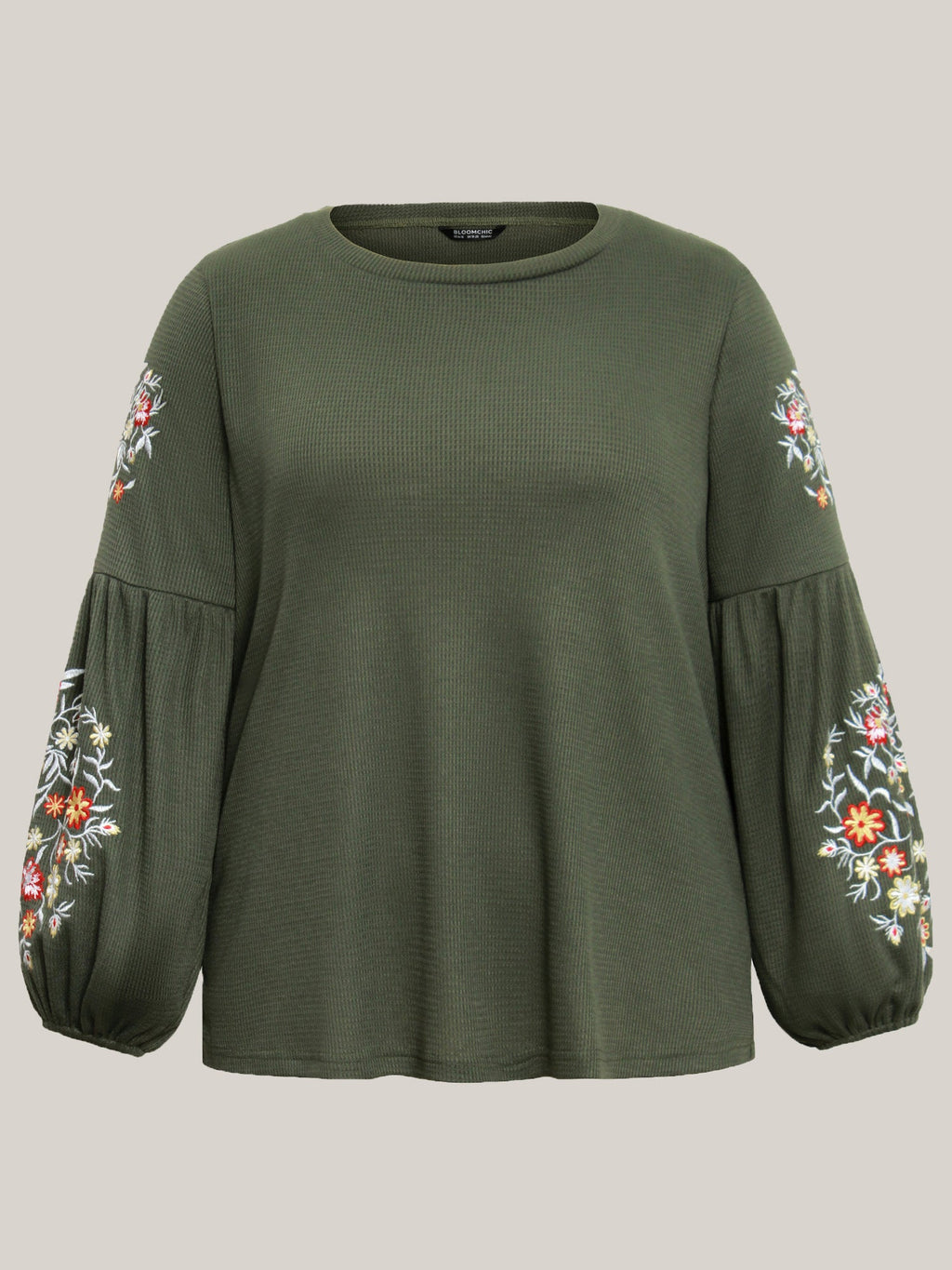 Waffle Knit Floral Embroidered Lantern Sleeve T-shirt