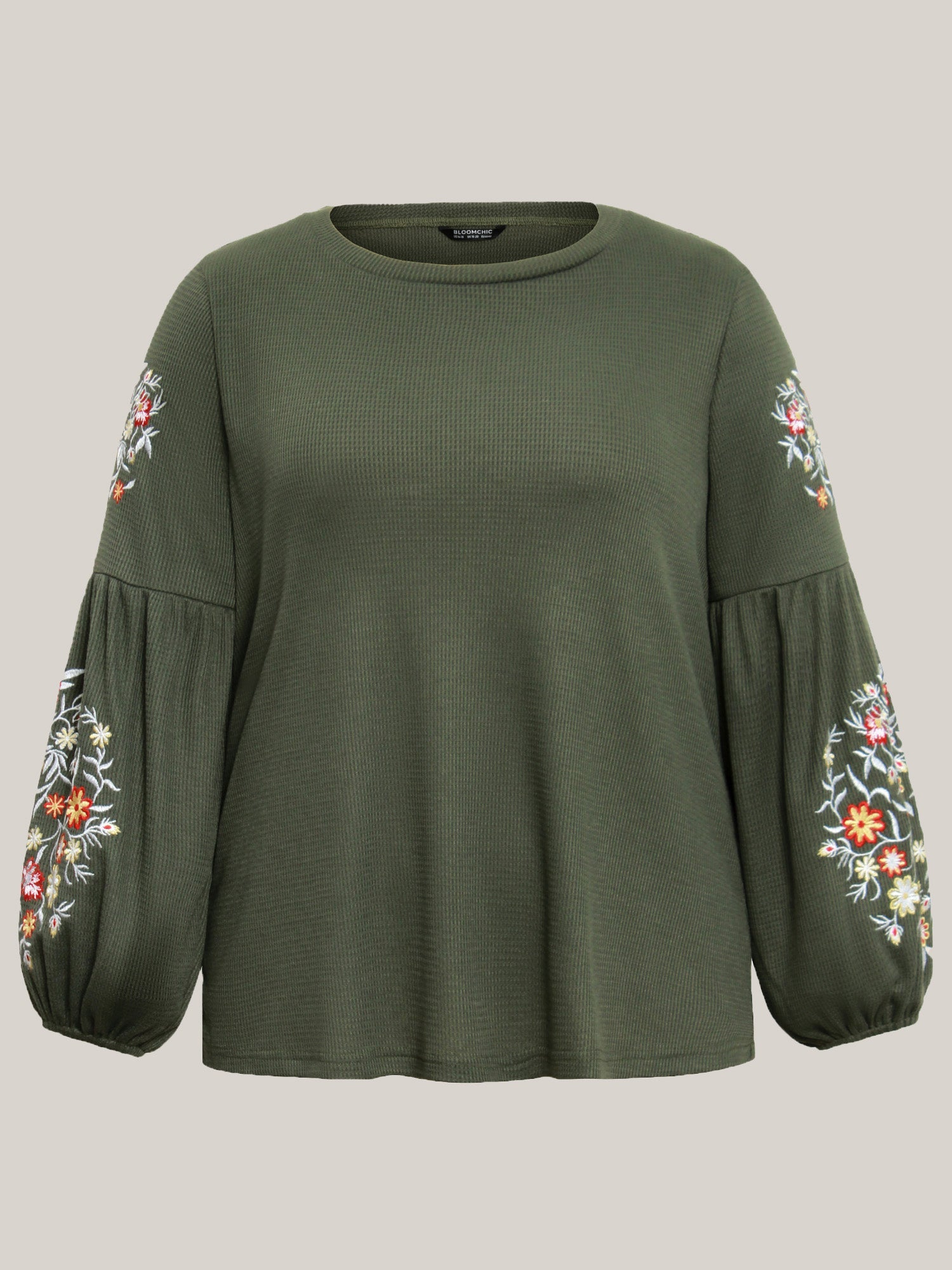 Waffle Knit Floral Embroidered Lantern Sleeve T-shirt