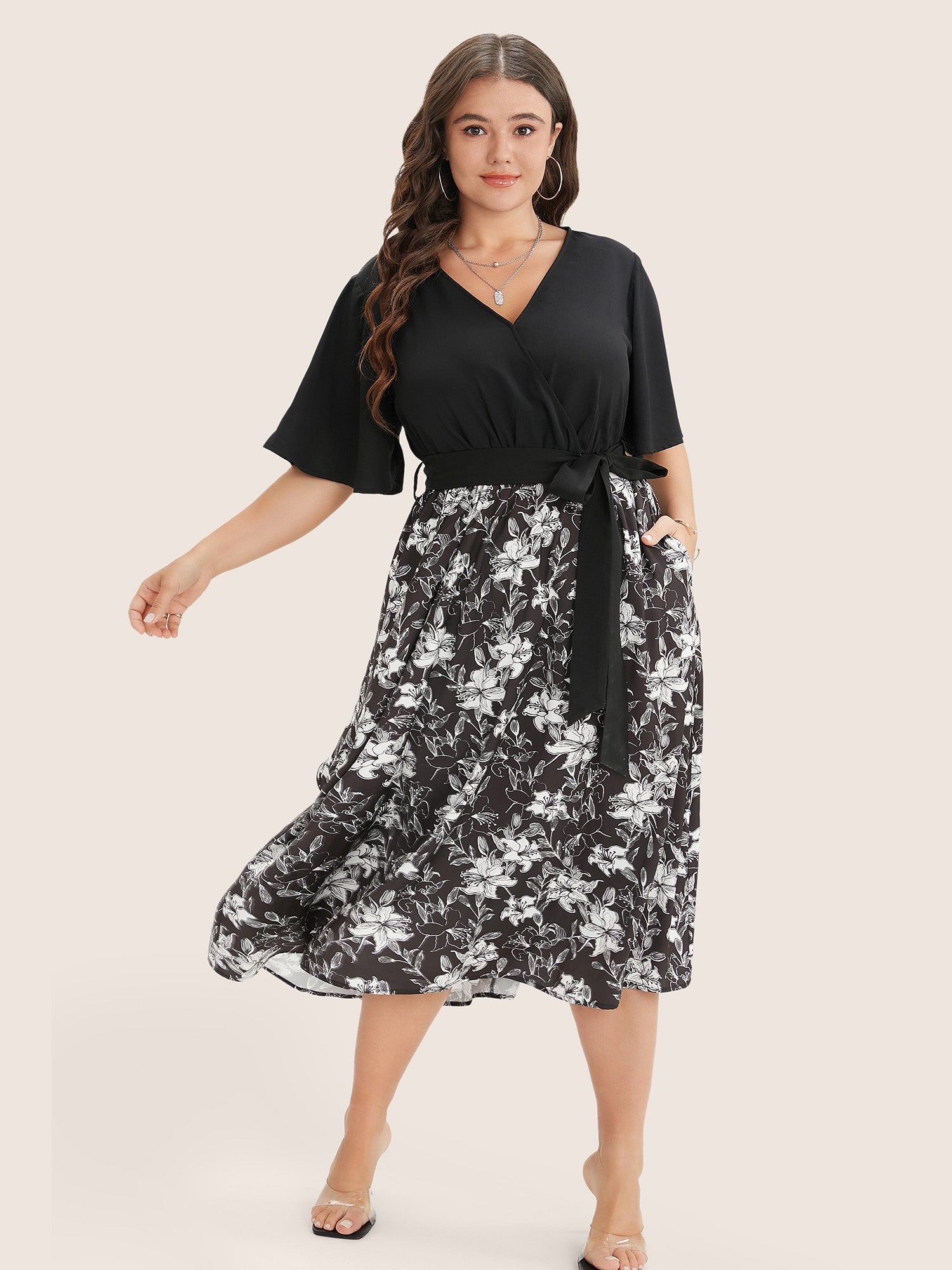 Floral Patchwork Pocket Belt Surplice Neck Ruffle Hem Dress