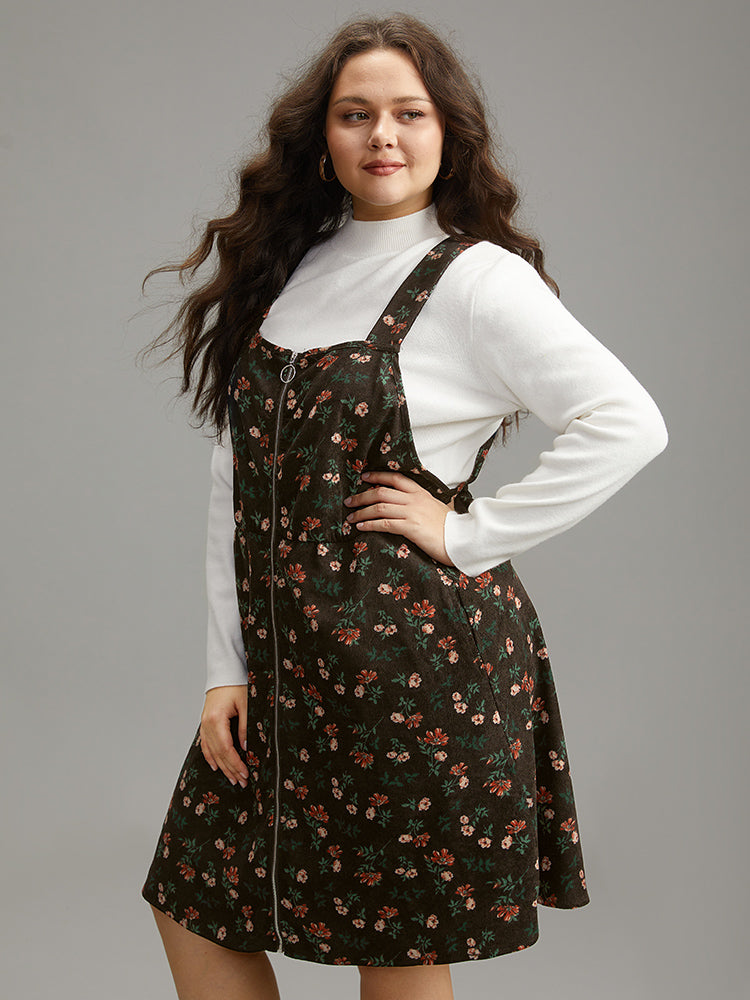 Ditsy Floral Corduroy Pocket Zipper Fly Cami Dress
