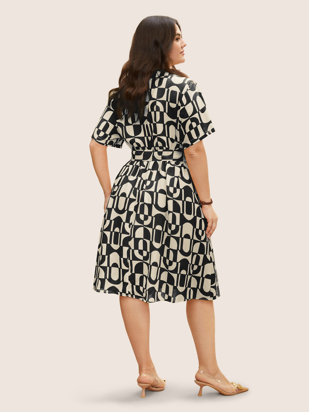 Overlap Collar Geometric Belted Midi Dress