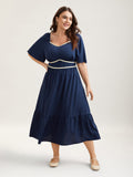 Textured Stretchy Waist Milkmaid Style Midi Dress
