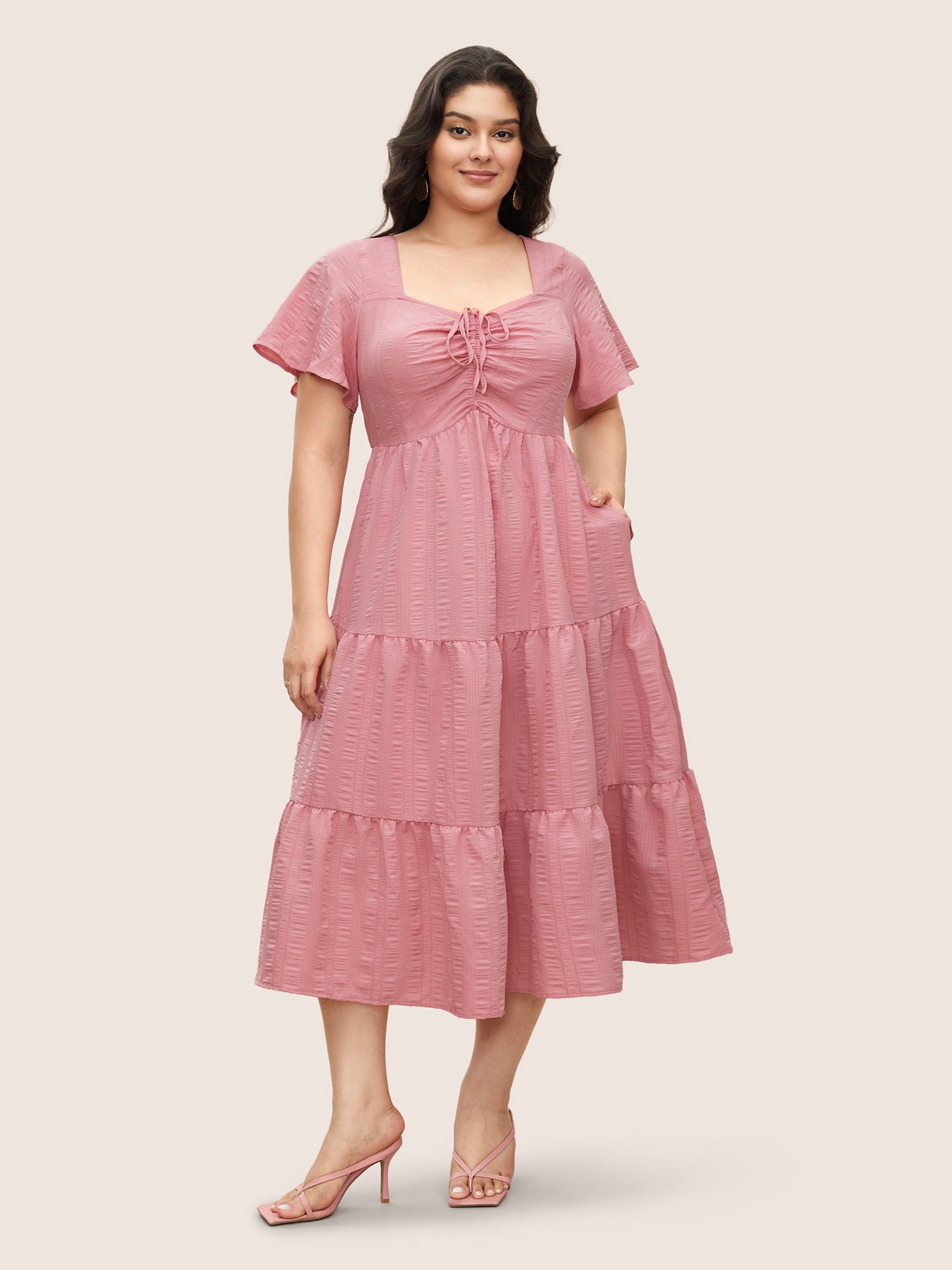 Plain Ruched Drawstring Pocket Ruffle Tiered Dress