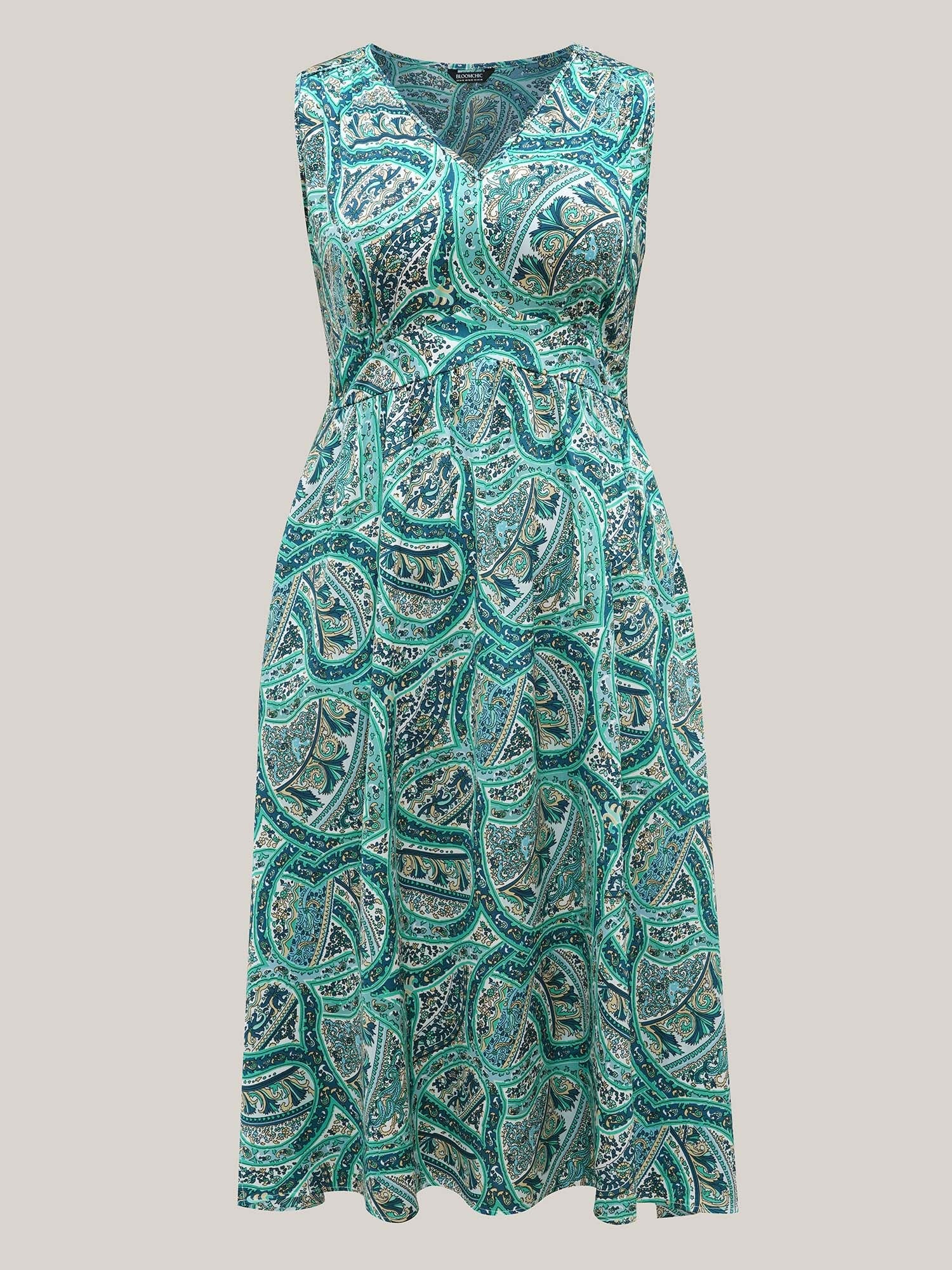 Paisley Print Off-Sleeve V-Neck Midi Dress