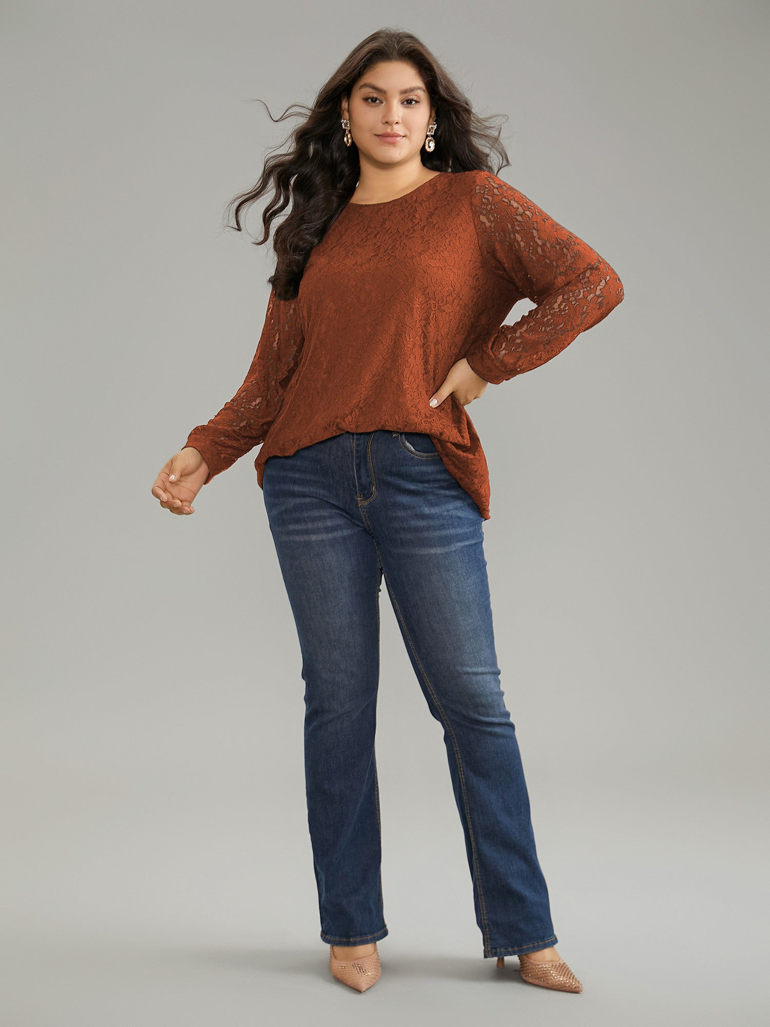Solid Crochet Lace Mesh Crew Neck Blouse