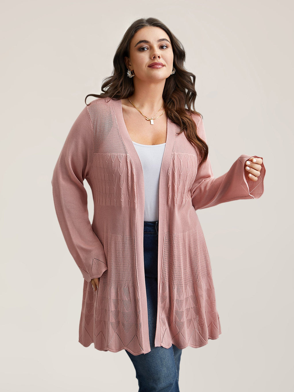 Cut-Out Textured Open-Front Knit Cardigan