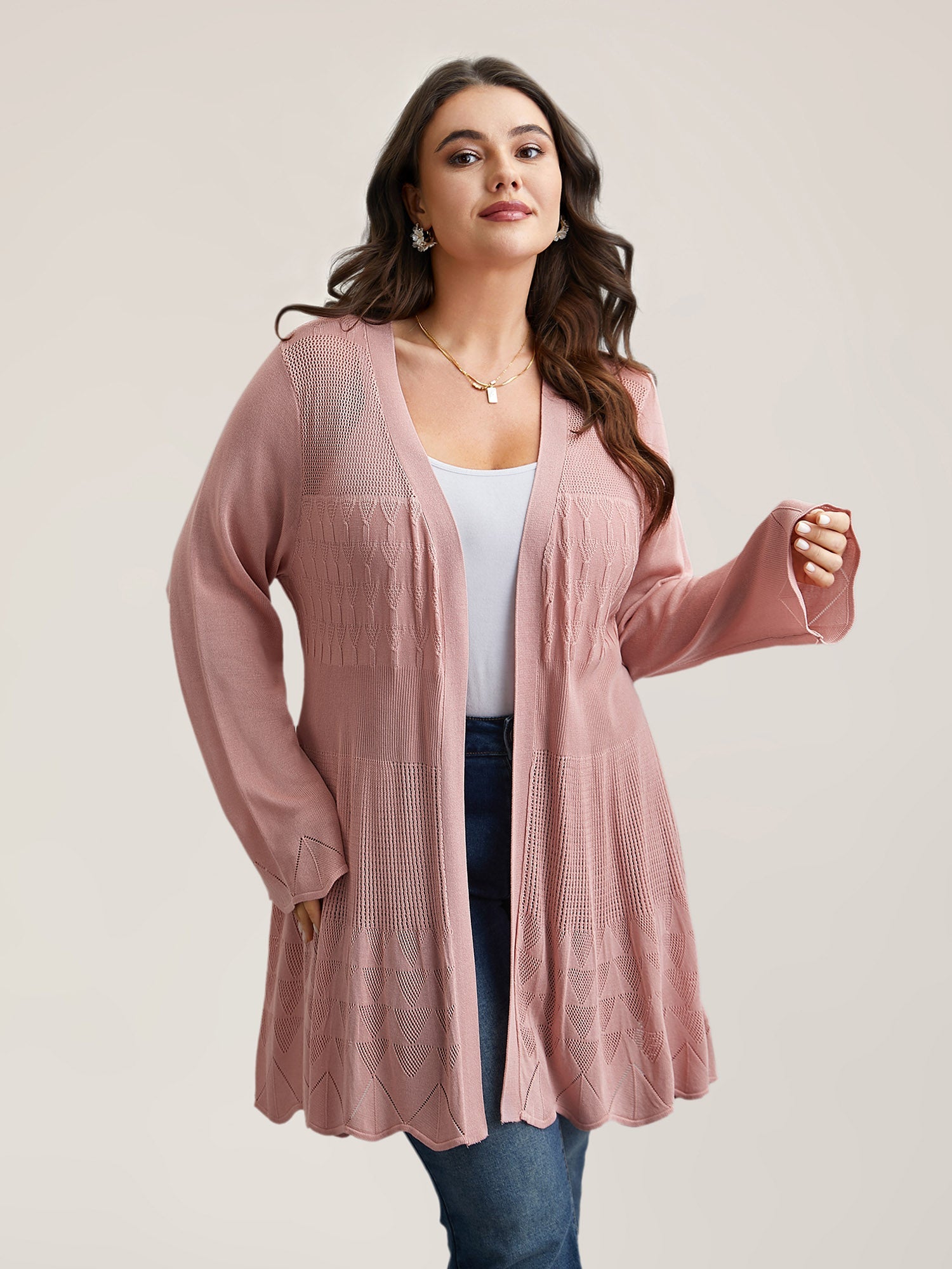 Cut-Out Textured Open-Front Knit Cardigan