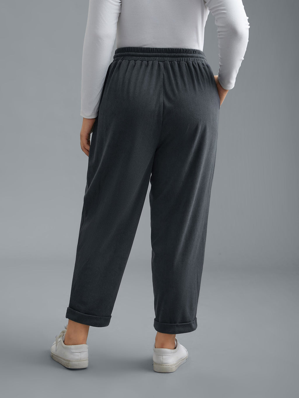 Plain Drawstring Slant Pocket Roll Hem Pants