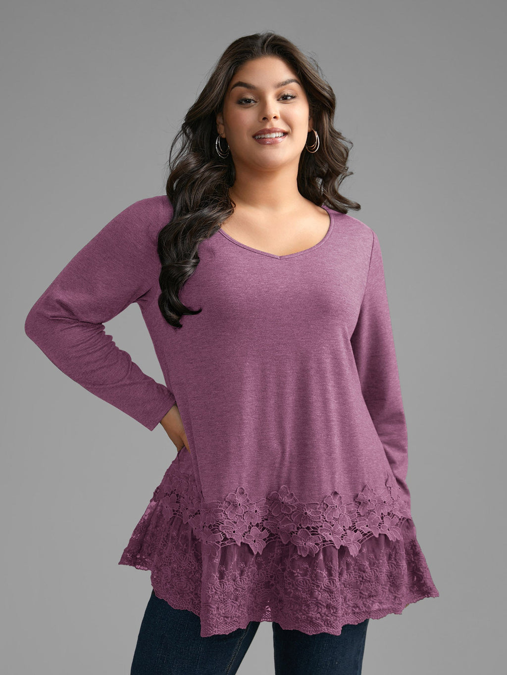 V Neck Lace Panel Jersey Top