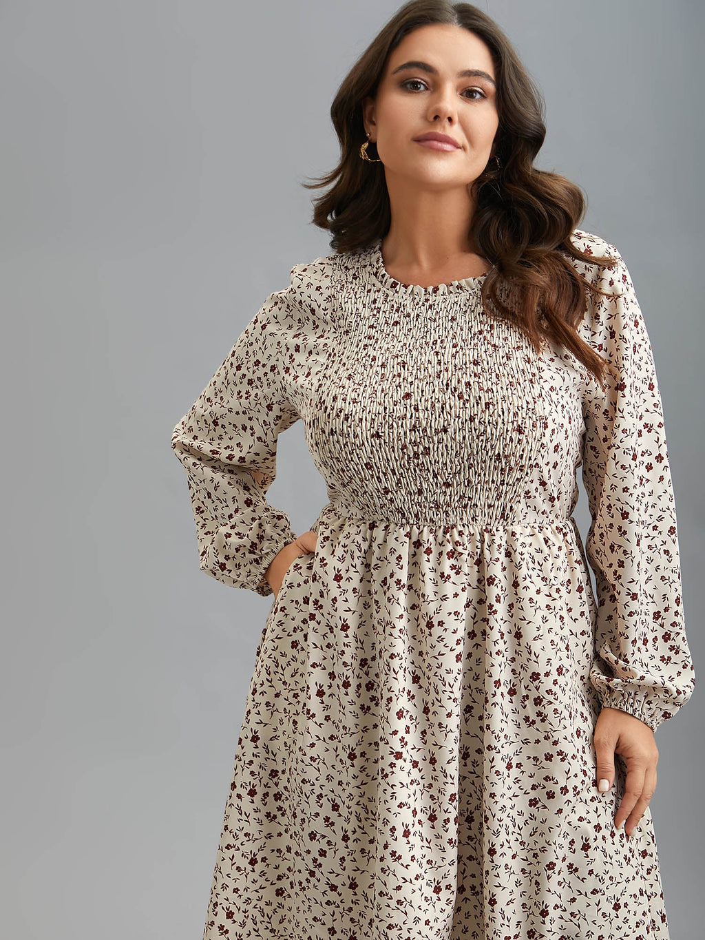 Stretchy-Waist Printed Pockets Midi Dress
