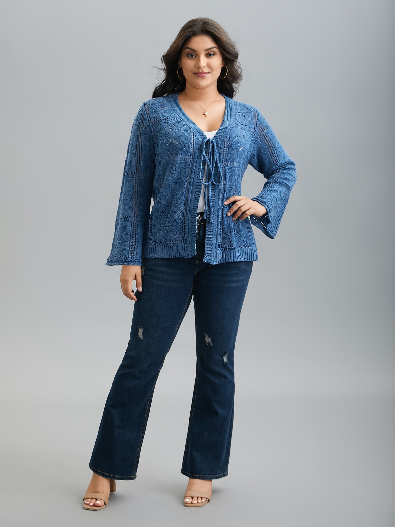 Front-Tie Textured Eyelet Knit Cardigan