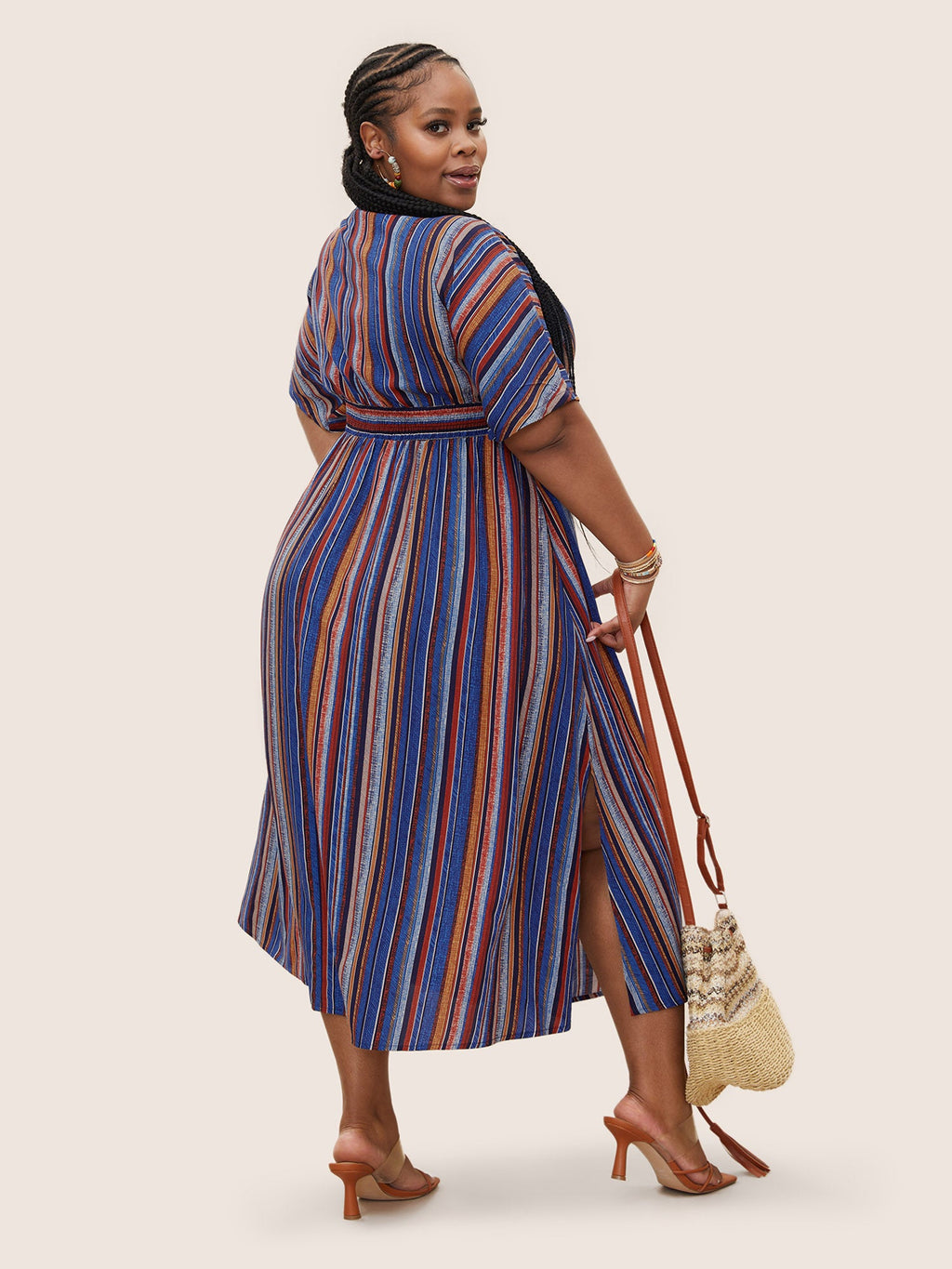 Striped Contrast Dolman Sleeve Shirred Pocket Split Flutter Dress