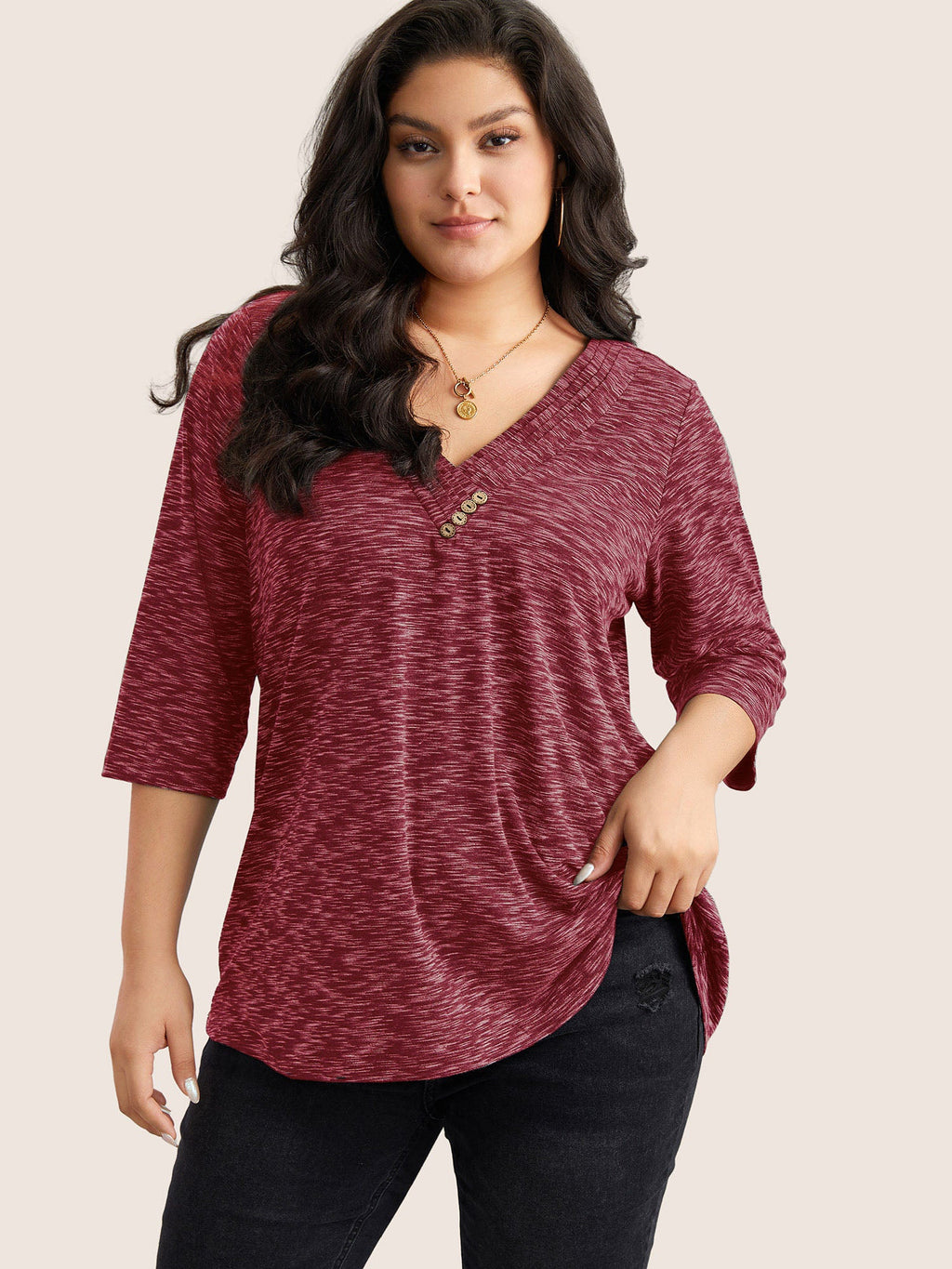 Heather Pleated Button Detail T-shirt