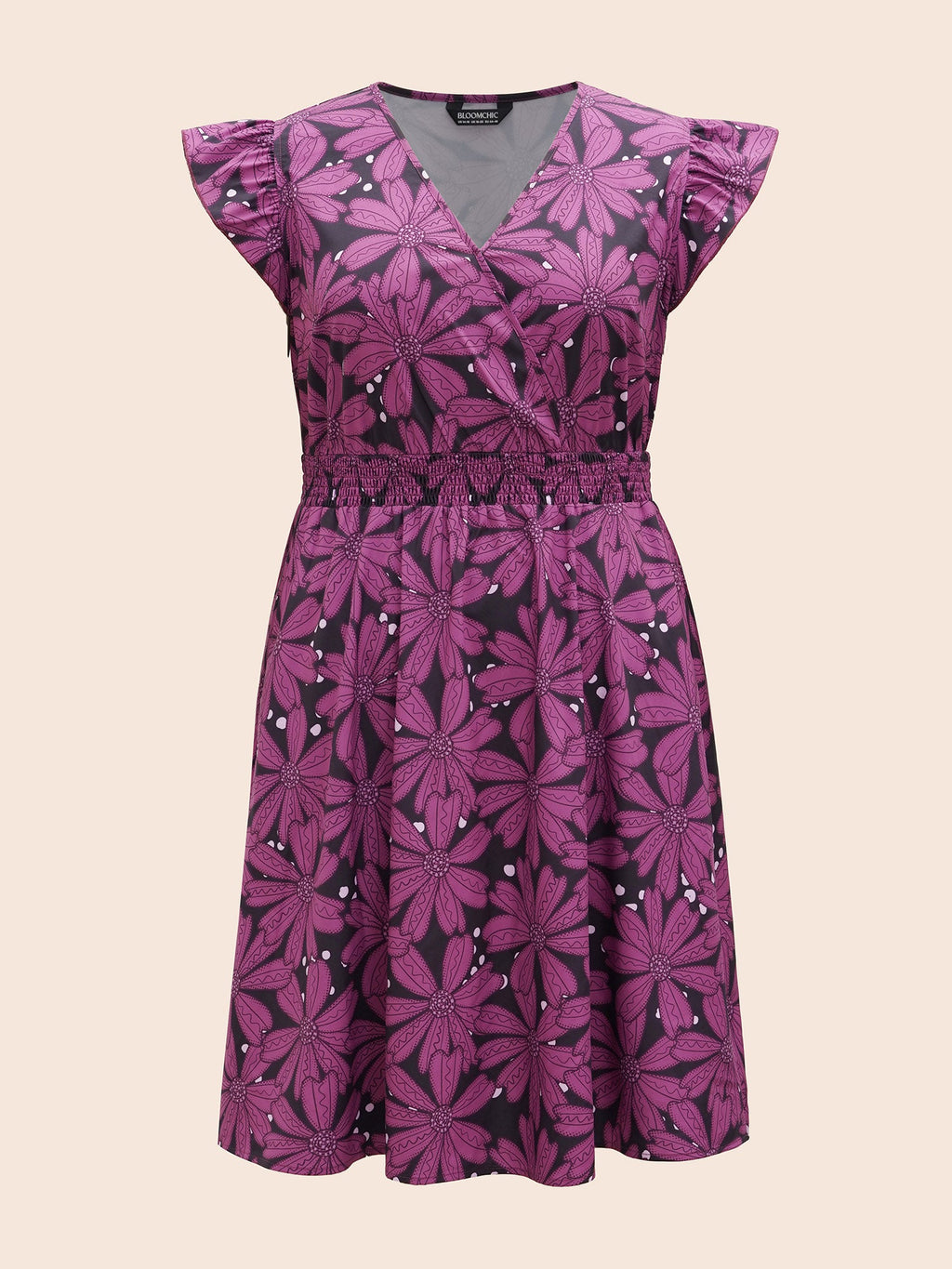 Surplice Neck Floral Shirred Elastic Waist Midi Dress