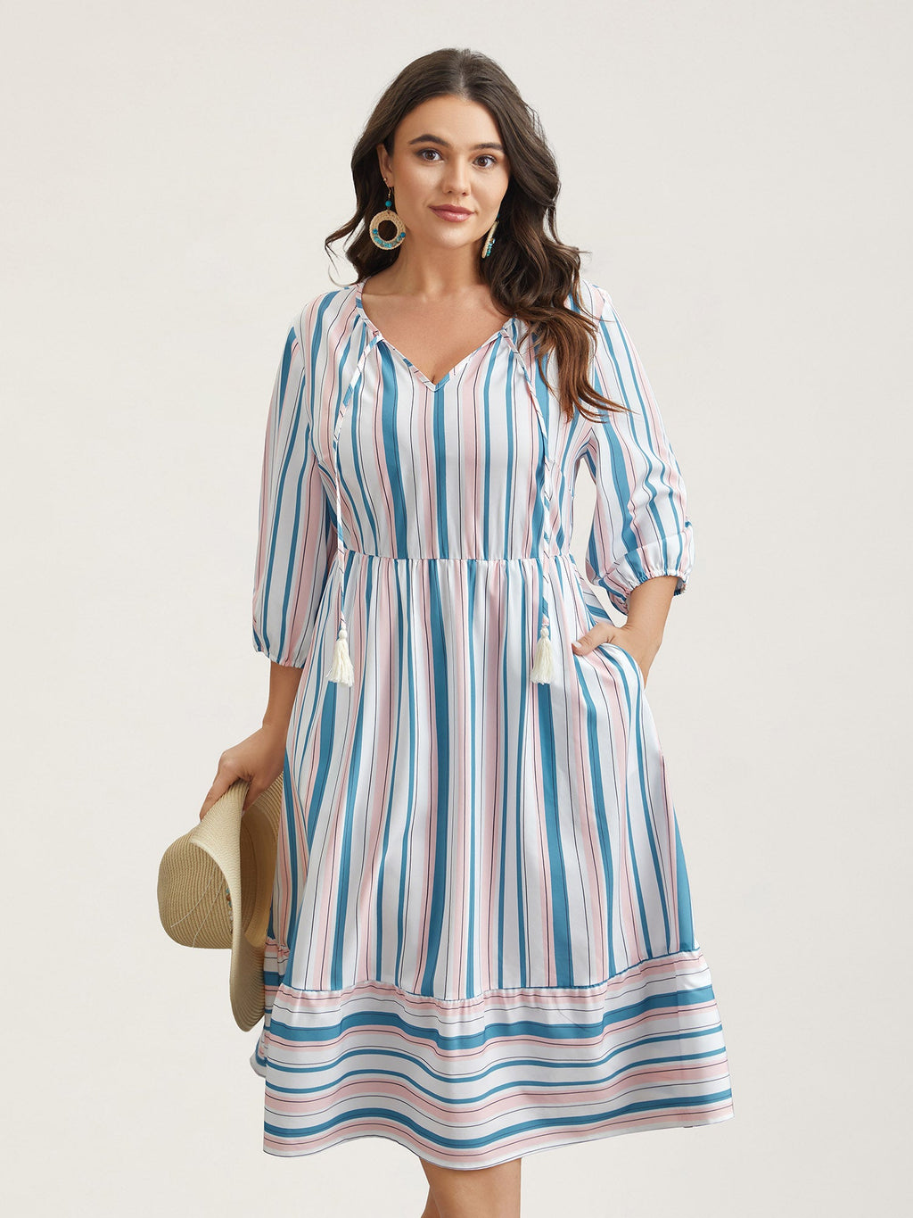 Stretchy Striped Tassels Tiered Midi Dress