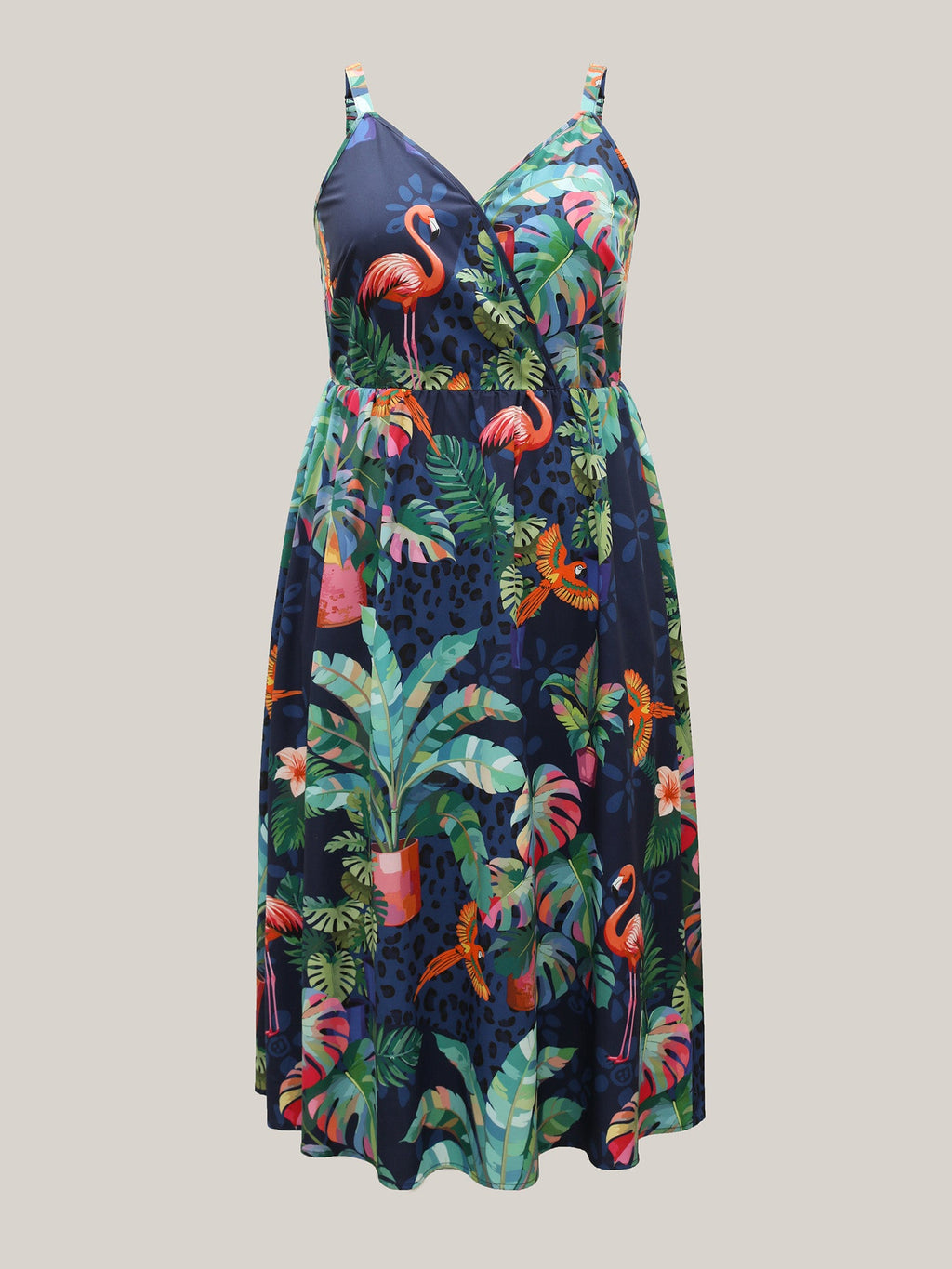 Tropical Pattern Surplice Pockets Midi Dress