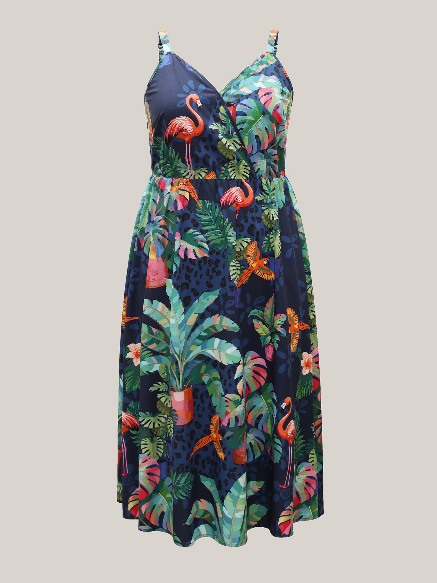 Tropical Pattern Surplice Pockets Midi Dress