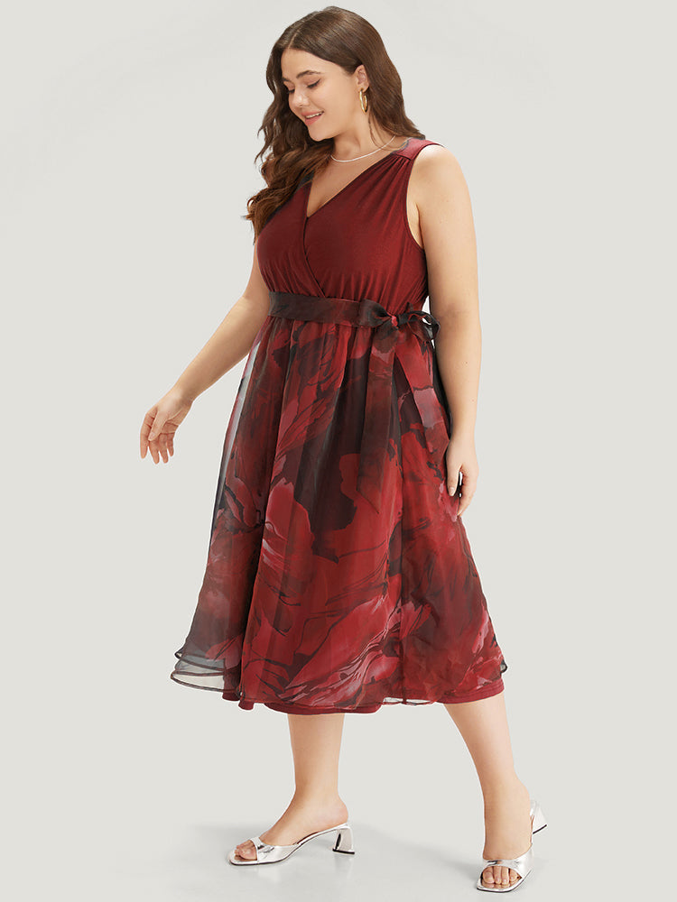 Floral Print Belted Patchwork Pocket Tank Dress