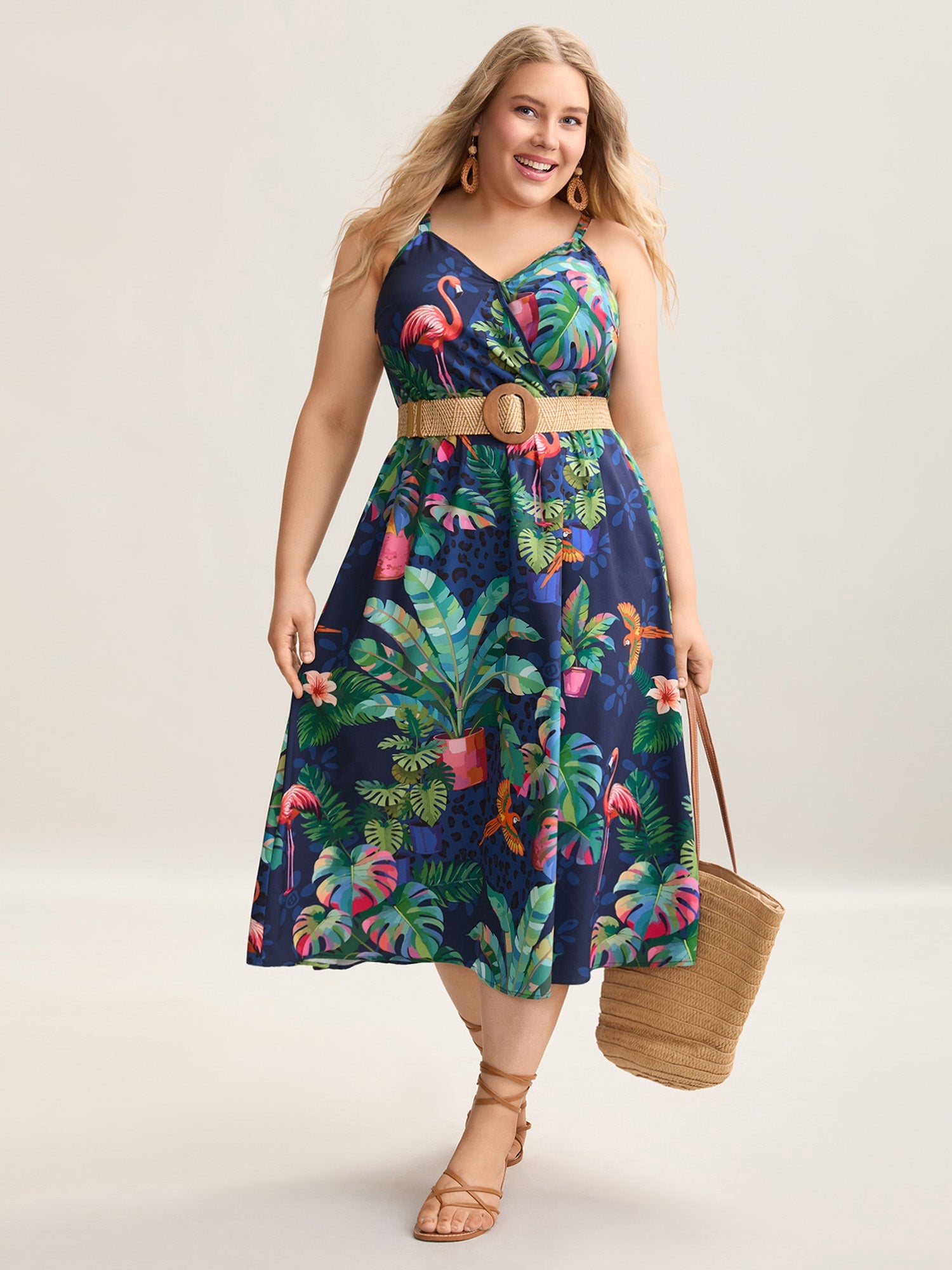 Tropical Pattern Surplice Pockets Midi Dress