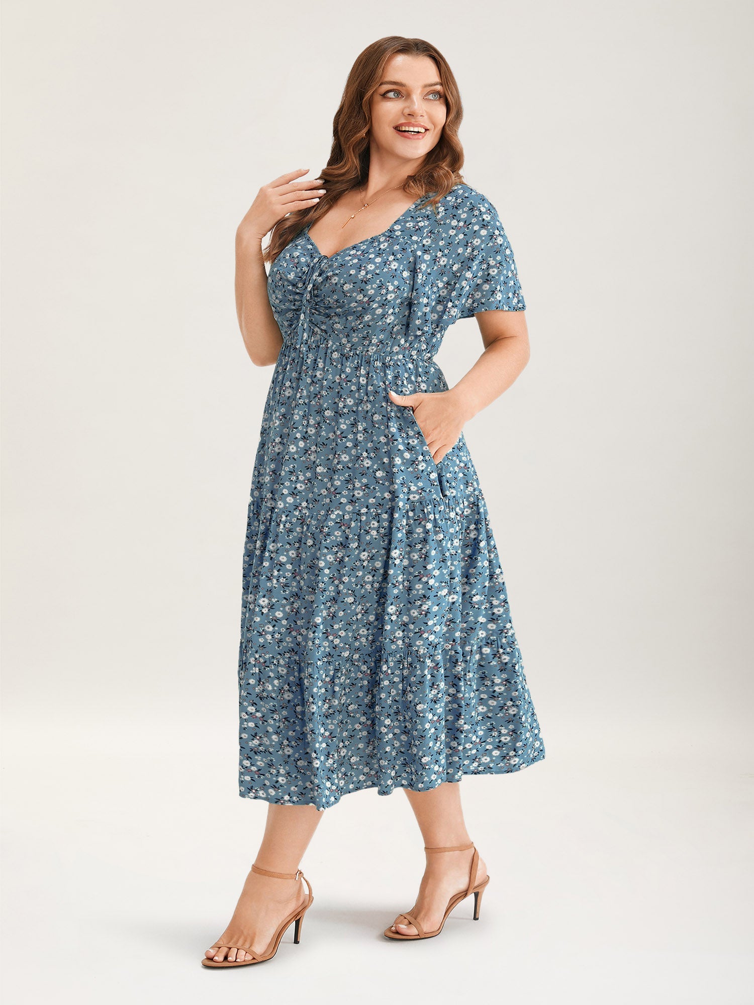Ditsy Floral Drawstring Ruched Pocket Ruffle Tiered Dress