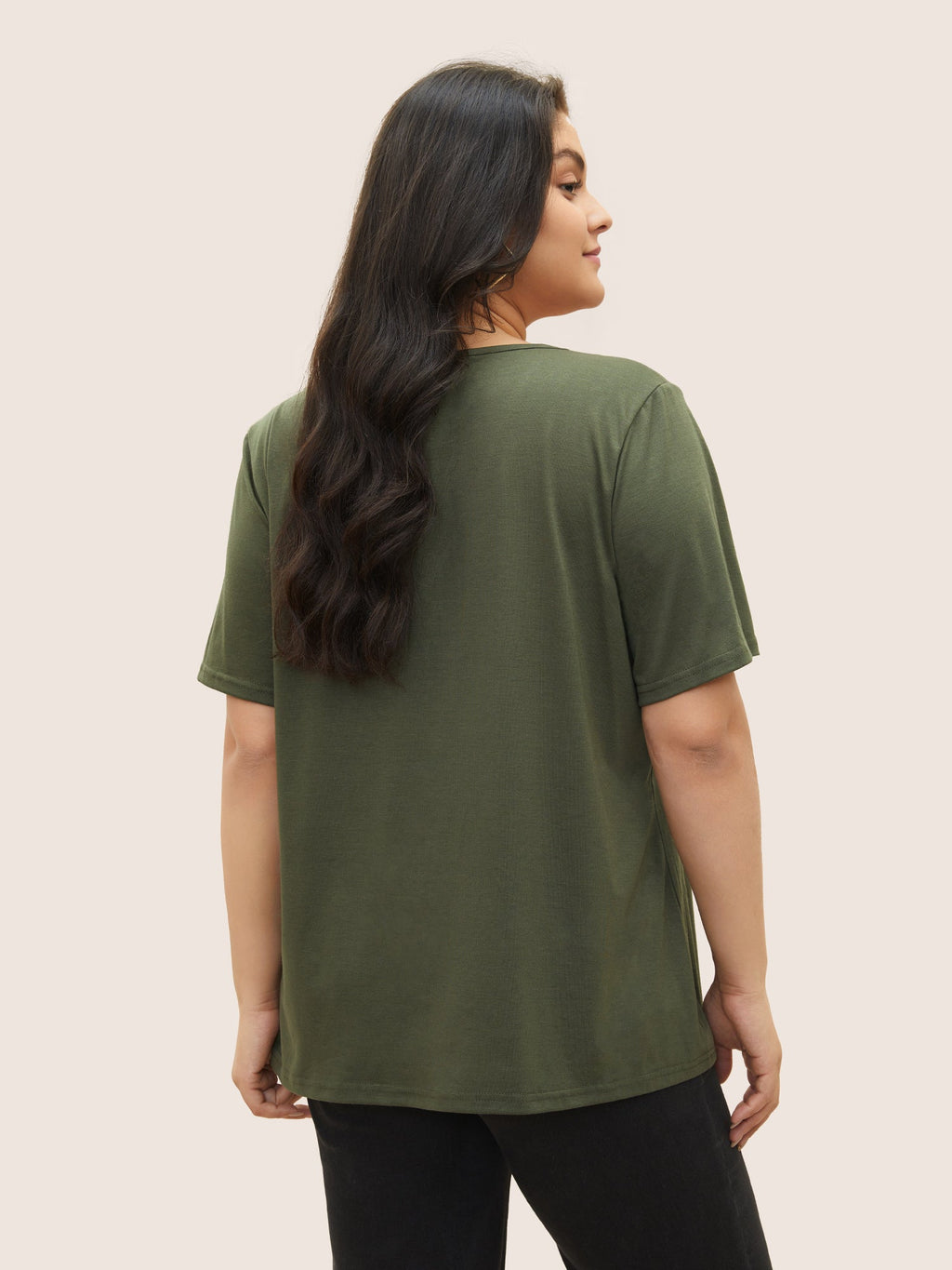Solid Pleated Front Button Detail V Neck T-shirt