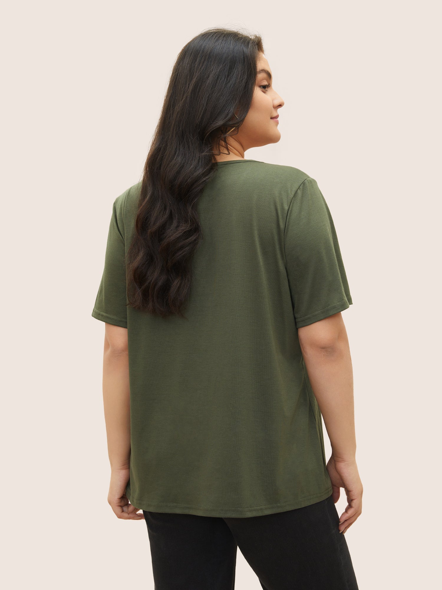 Solid Pleated Front Button Detail V Neck T-shirt