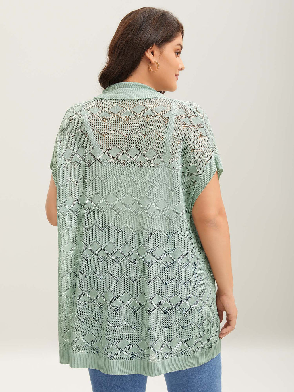 Eyelet Trim Folded Collar Knit Cardigan