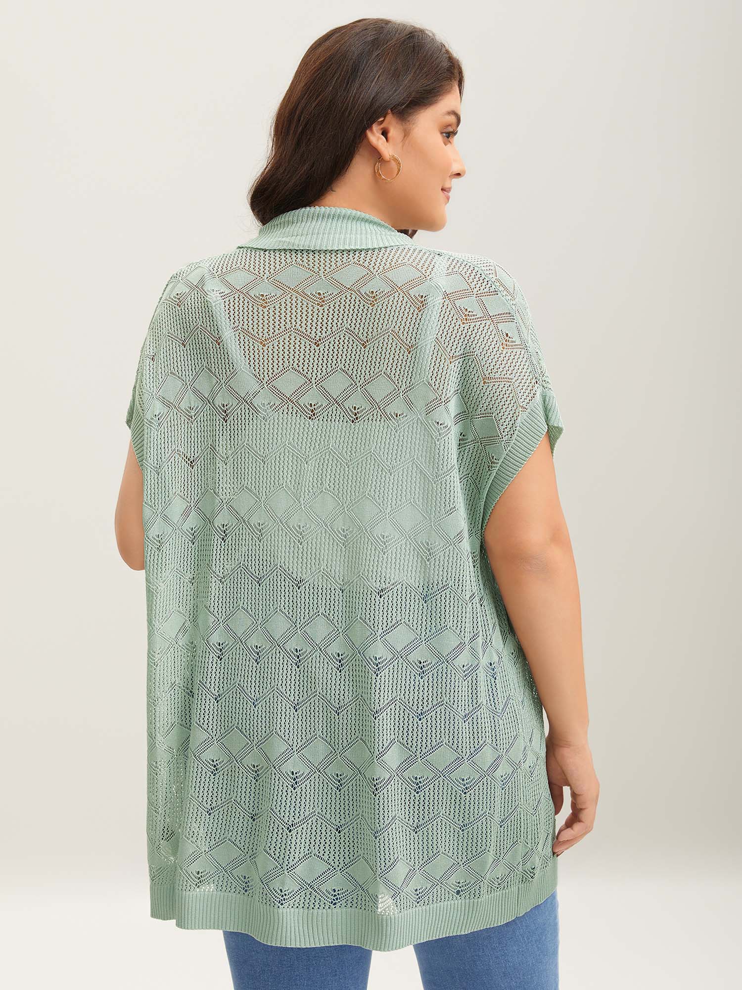 Eyelet Trim Folded Collar Knit Cardigan
