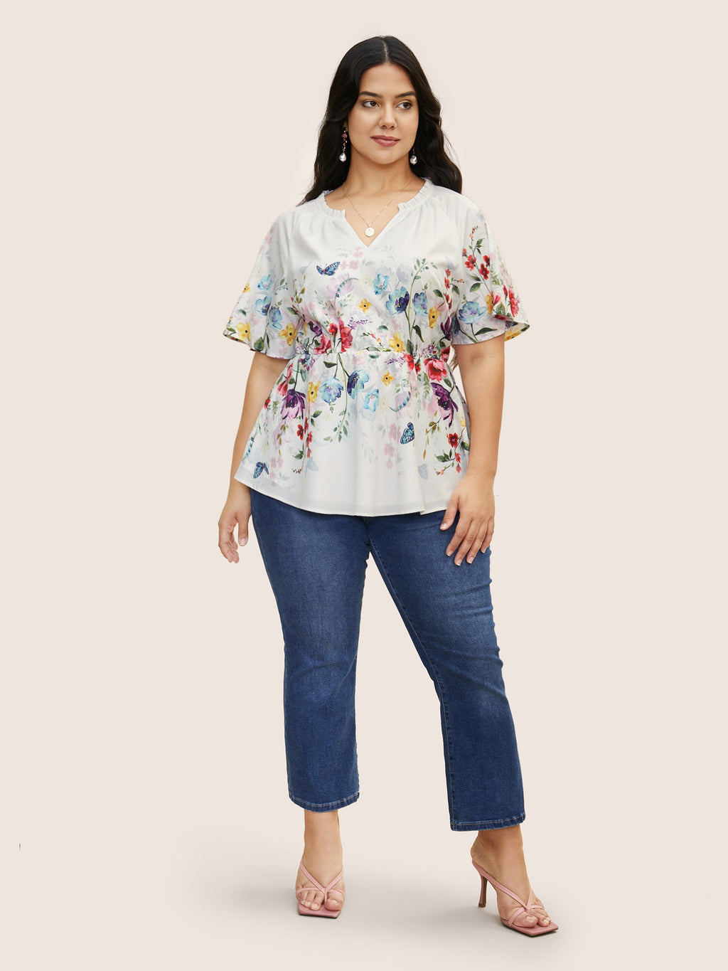 Floral Flat Collar With V Notch Frill Trim Blouse