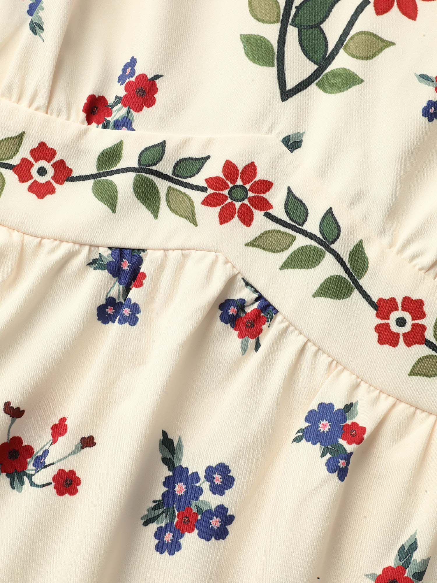 Floral Print V-Neck Waist-Cinched Dress