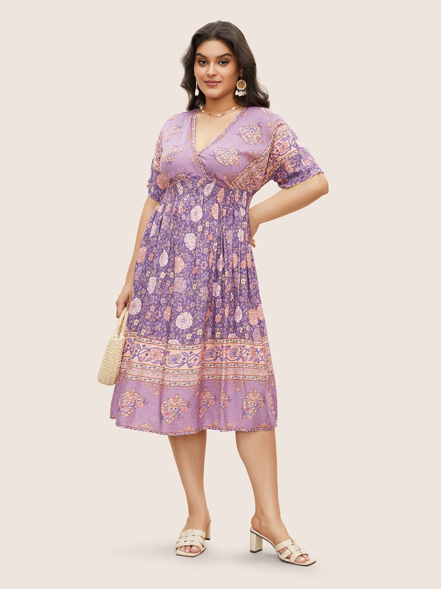Floral Dolman Sleeve Ruffles Shirred Split Hem Dress