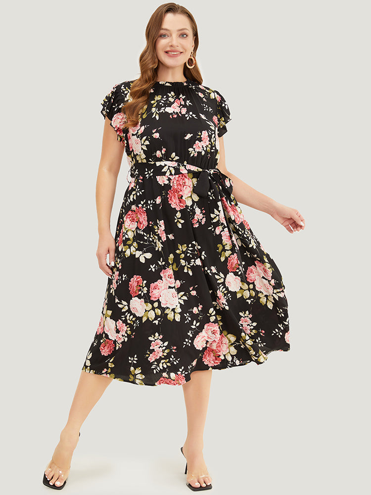 Floral Frill Trim Mock Neck Pocket Ruffle Belted Cap Sleeve Dress