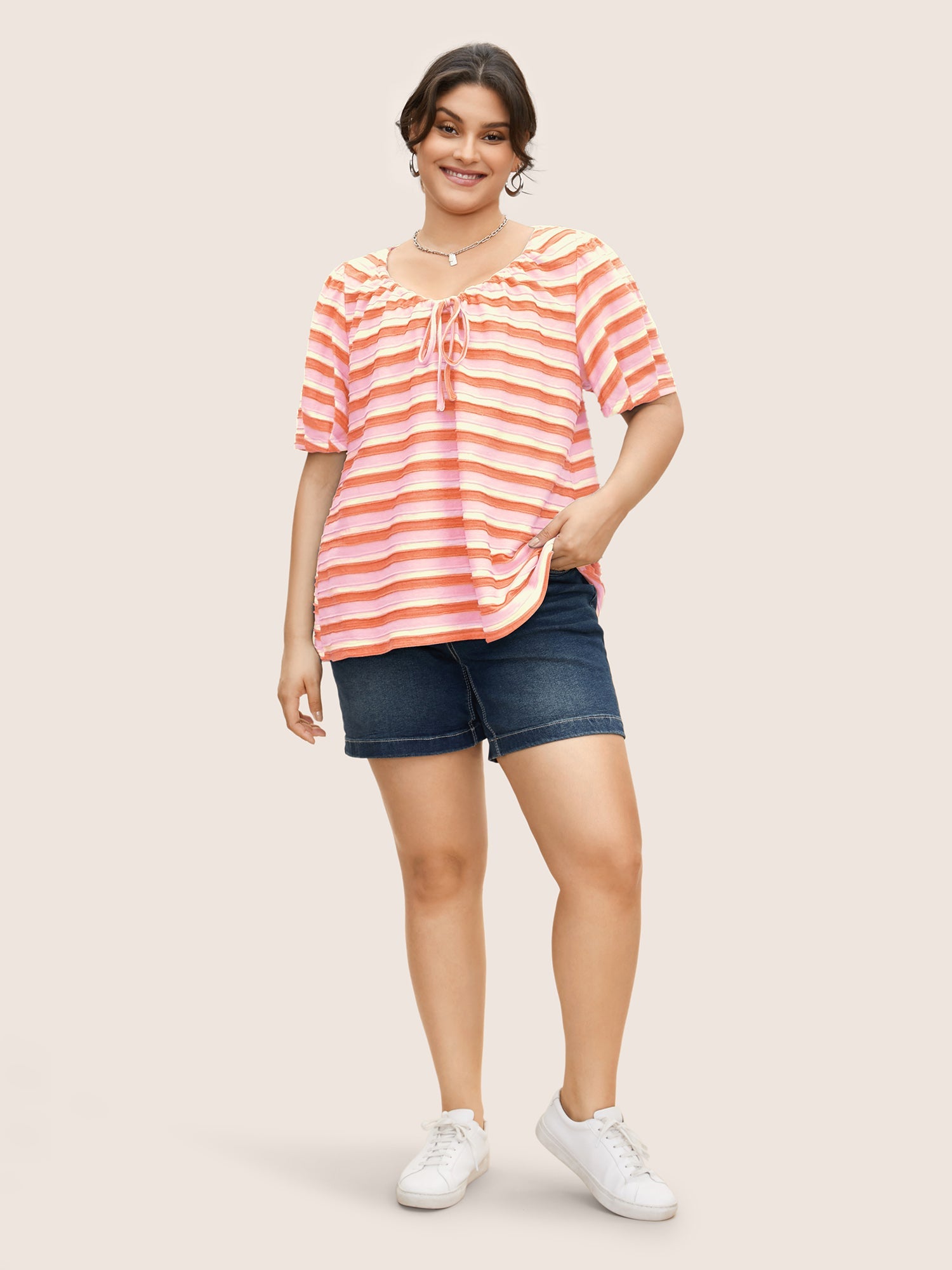 V Neck Textured Striped Tie Knot T-shirt