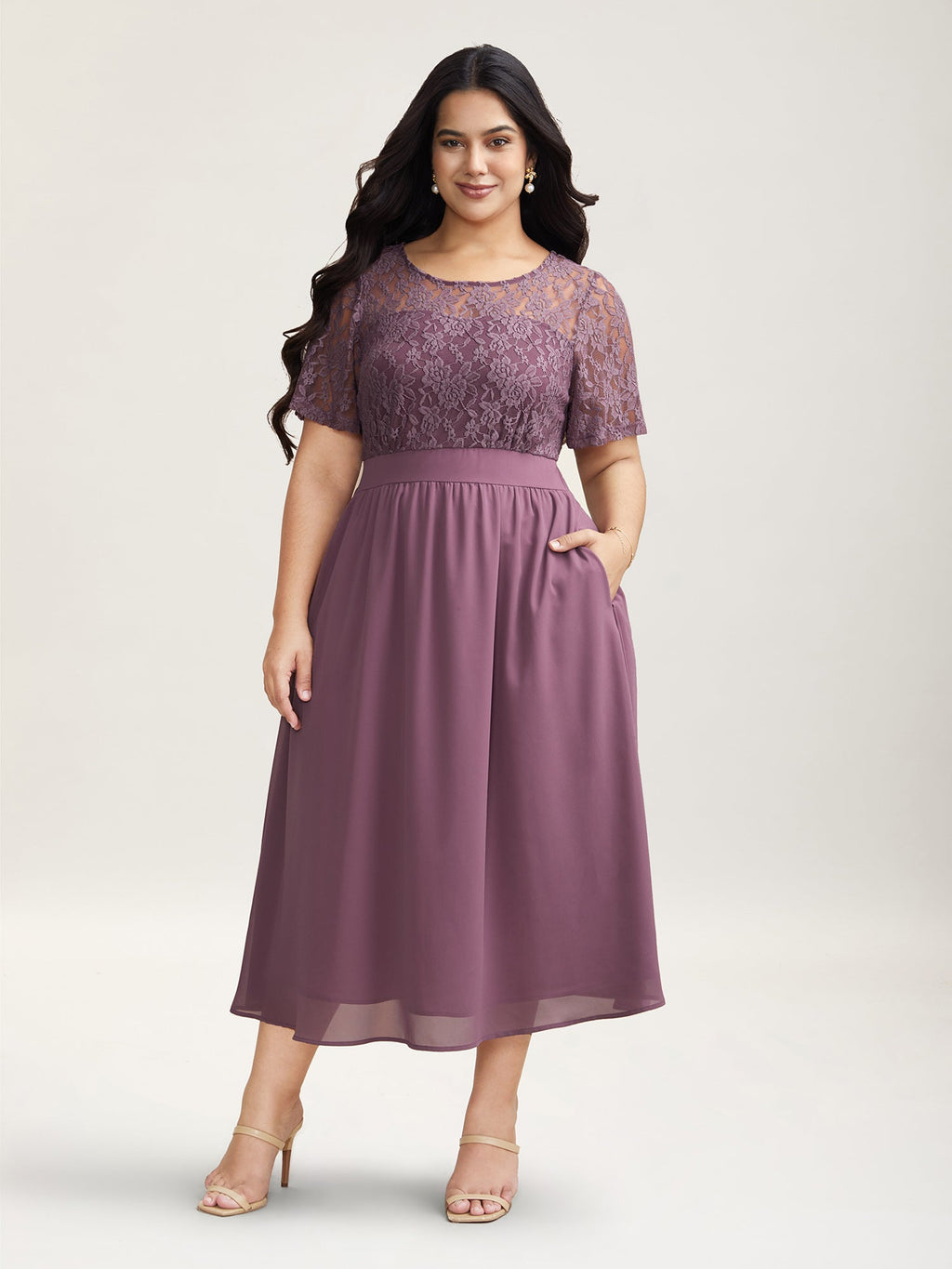 Chiffon Lace Waist-Defining Midi Dress