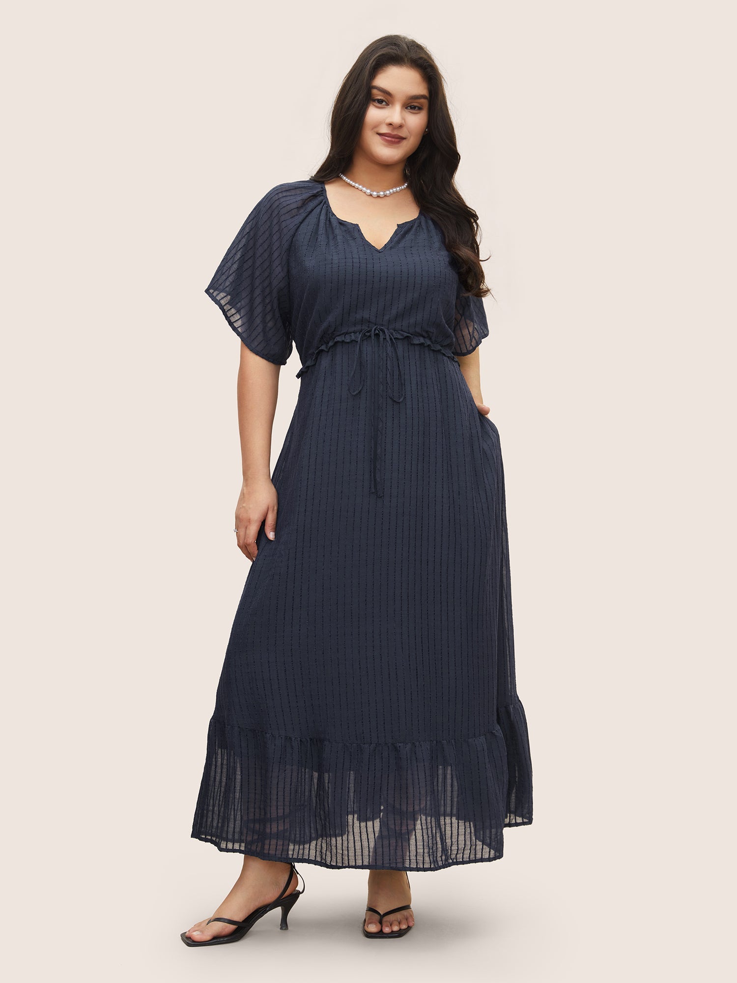 Solid Striped Notched Ties Up Pocket Flutter Maxi Dress