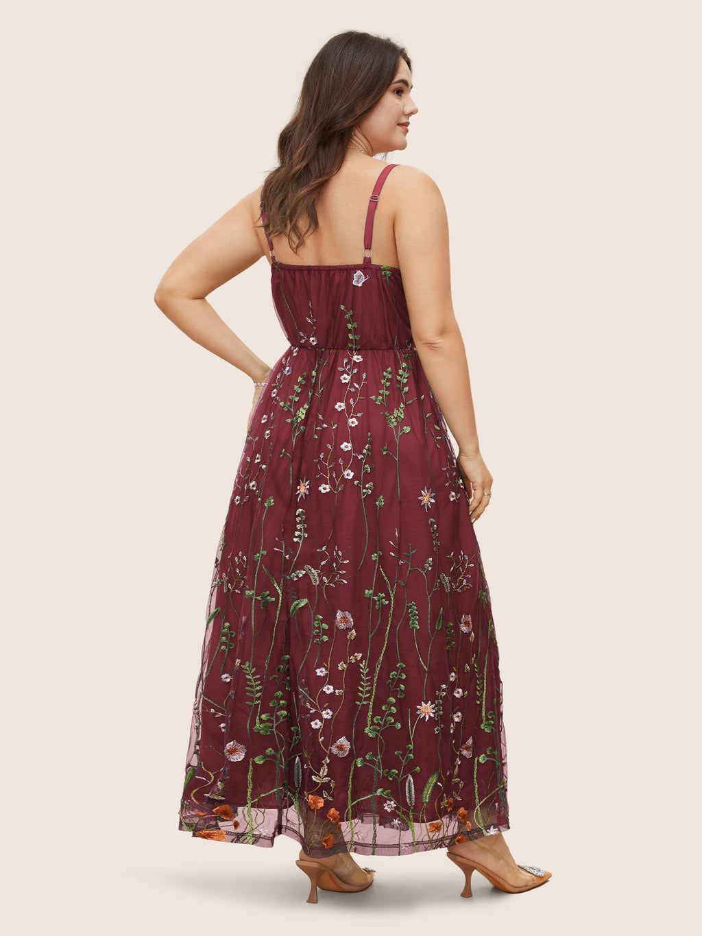 U Neck Floral Embroidered Mesh Cami Dress