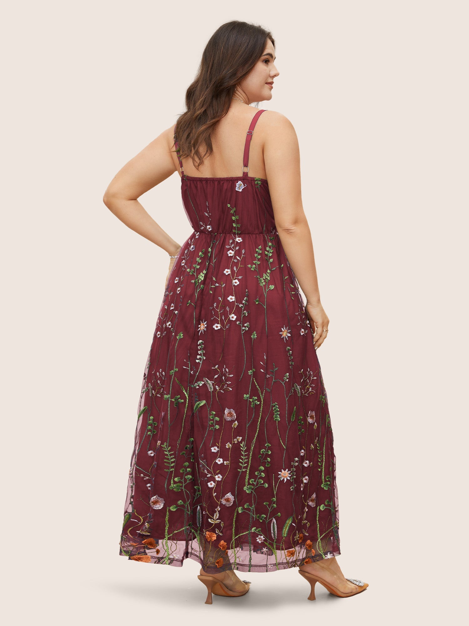 U Neck Floral Embroidered Mesh Cami Dress