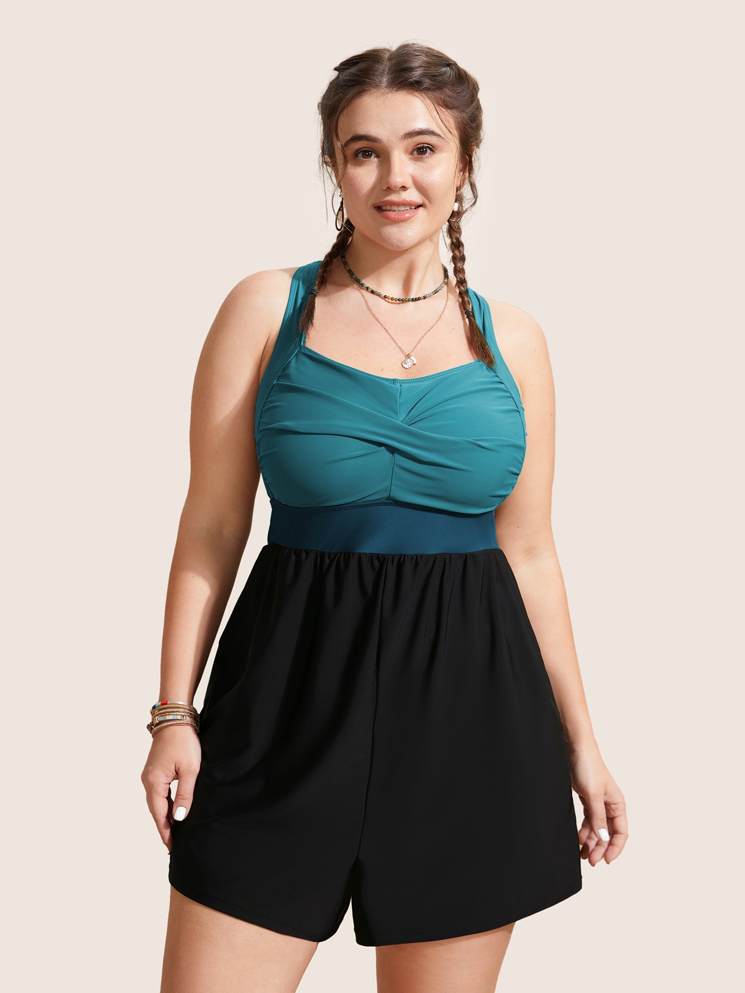 Patchwork Contrast Crossover One Piece Swimsuit