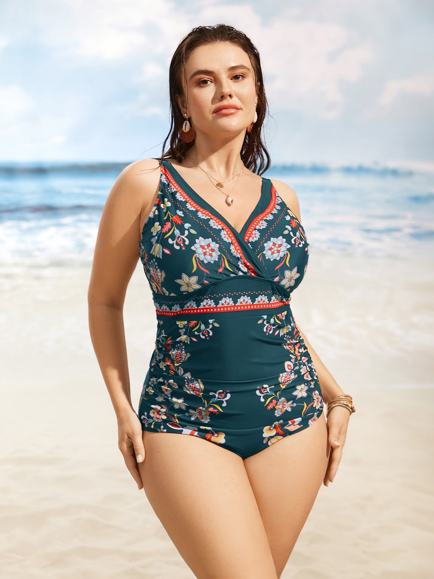 Boho Print Surplice Neck Ruched One Piece Swimsuit