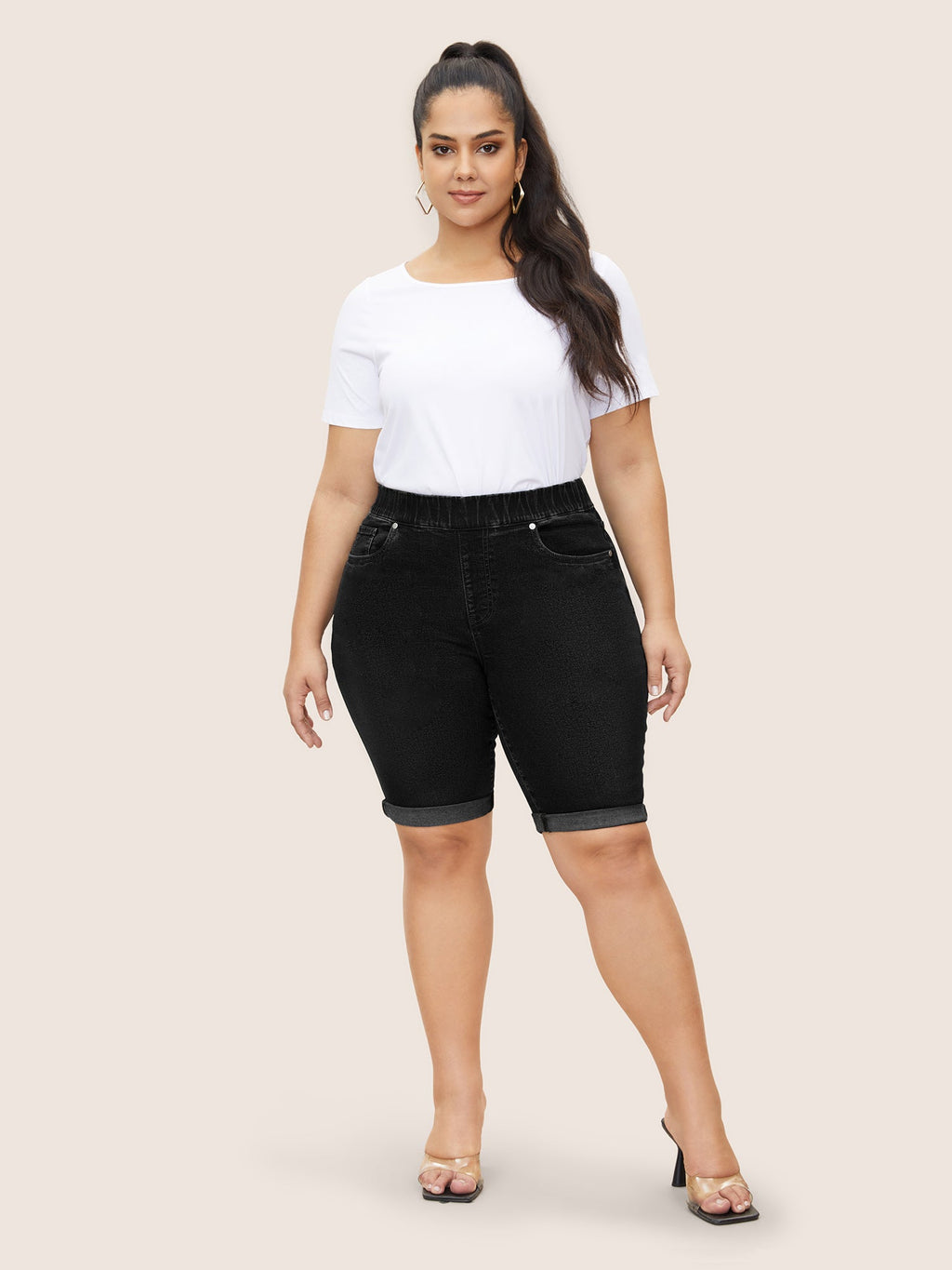 Roll Hem Elastic Waist Dark Wash Denim Shorts