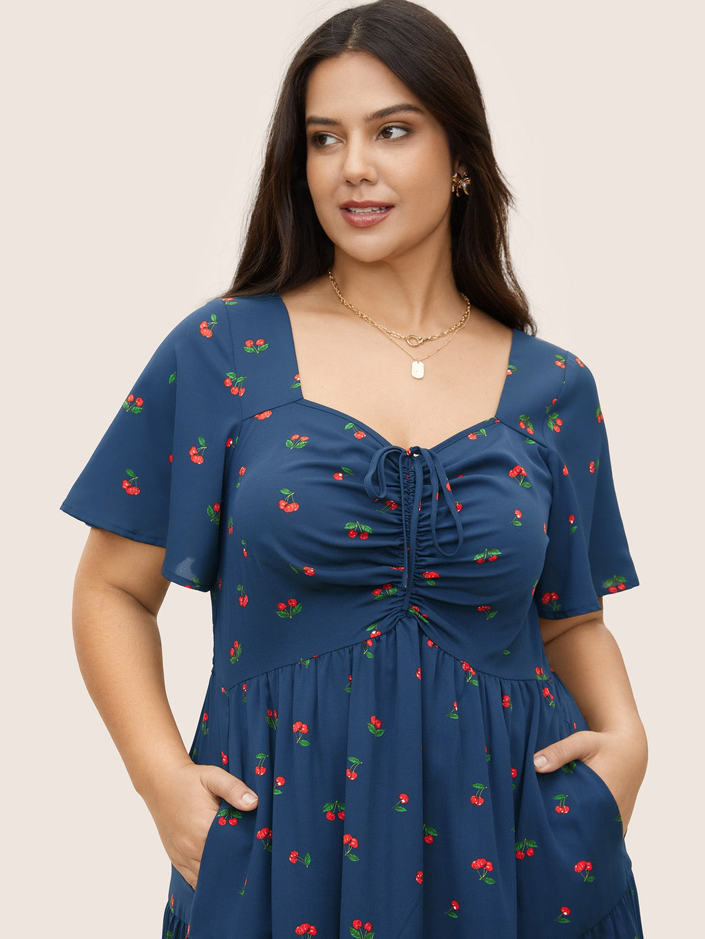 Citrus Fruit Print Heart Neckline Drawstring Pleated Dress