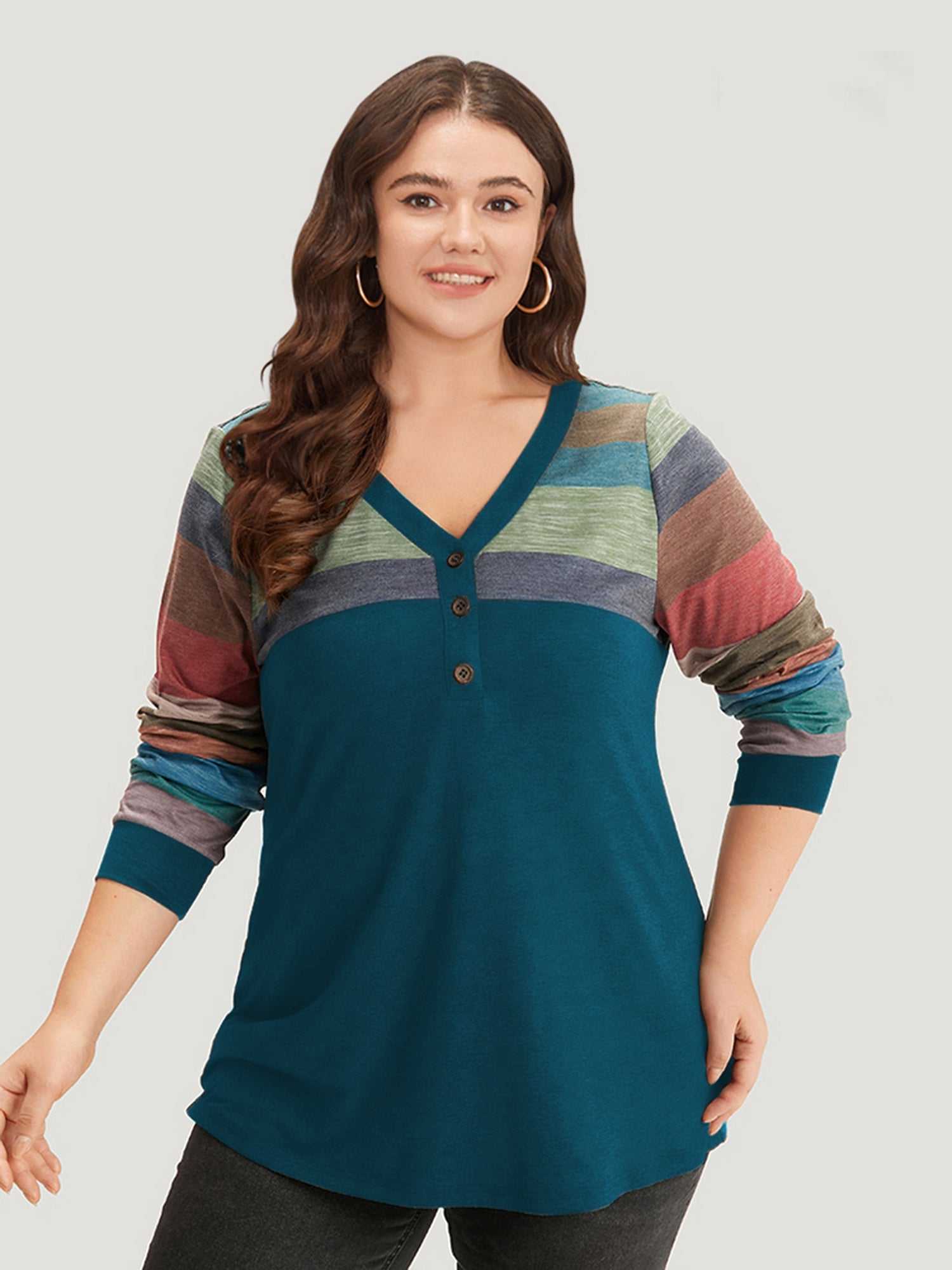 Colorblock Contrast V Neck Button Up T-shirt